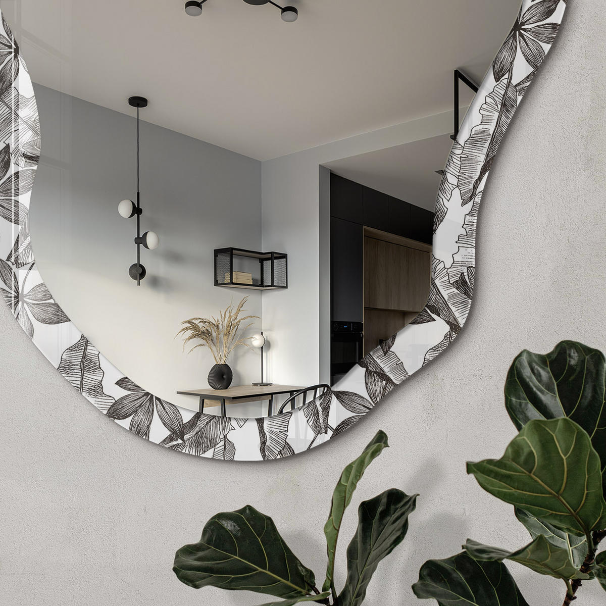 SPIEGEL 90x45 cm asymmetrisch mit Druck - Tropischer Schmuck - Transparent, Glas (45/90/0.4cm) - TULUP