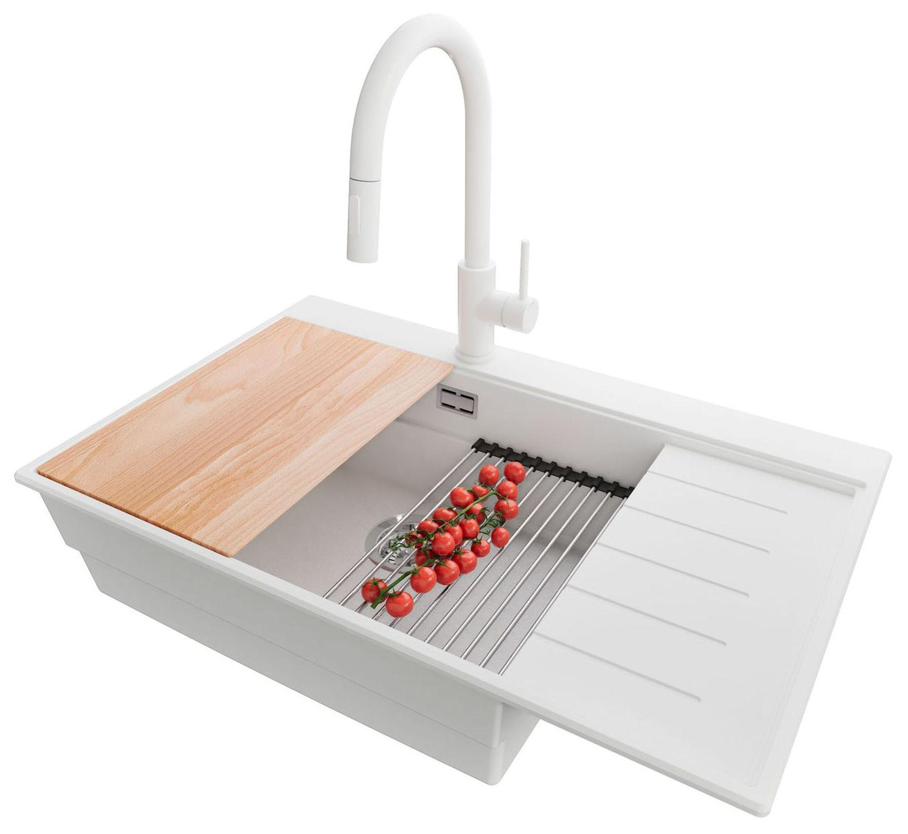 GRANITSPÜLE Sydney, 2-er set Weiß 78/50 cm 1 Becken + Küchenarmatur 40/20 cm + Ablauf-Set + Küchenzubehörset ab 60er Unterschrank - Chromfarben/Beige, Kunststoff (78/20/50cm) - Primagran