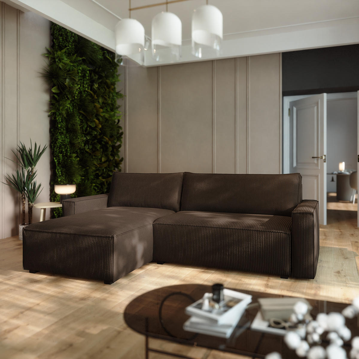 ECKSOFA BESMIR Braun Kordstoff mit Schlaffunktion - Braun, Holz (275/148cm) - MASSENO