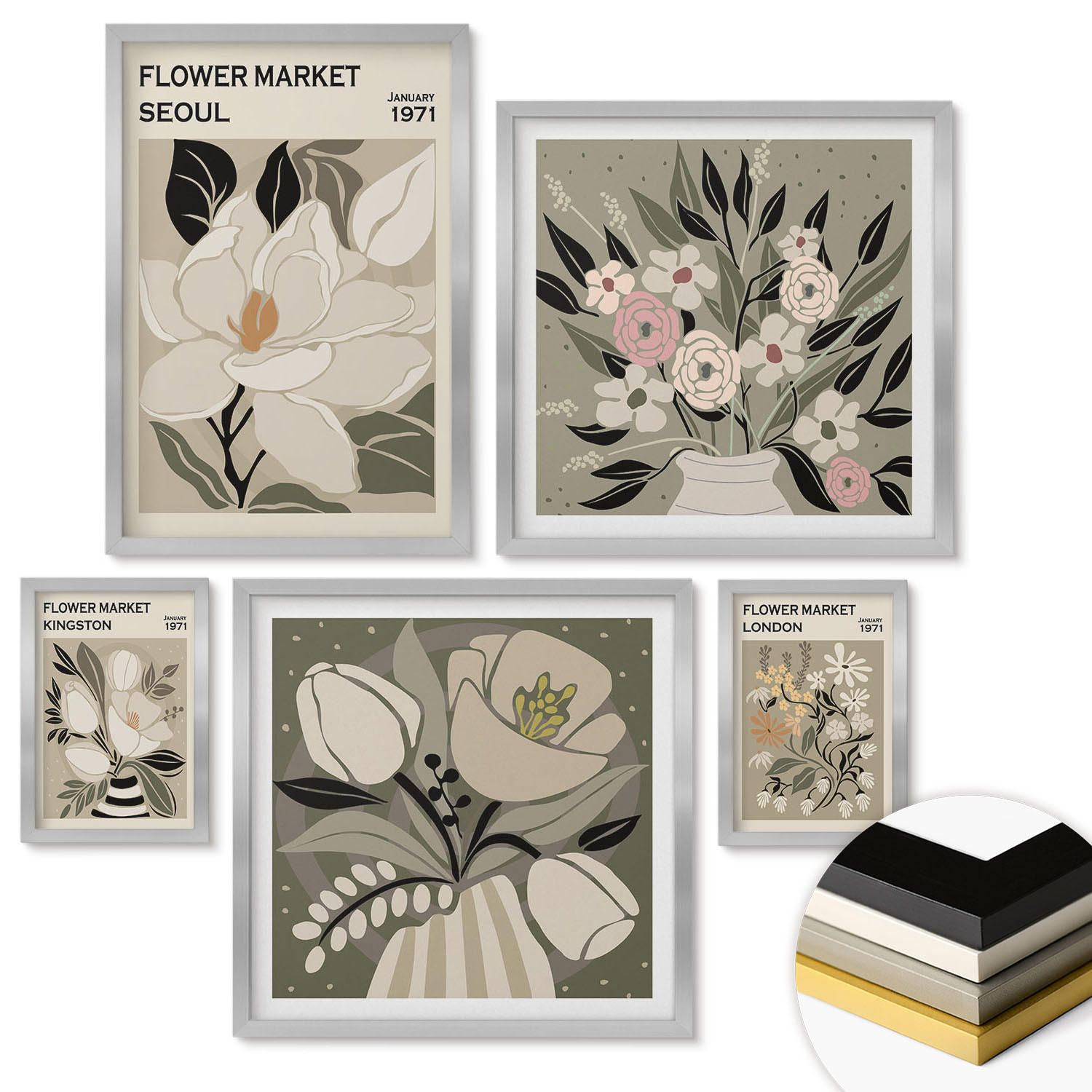 WANDBILDER 5er Set - 50x50 cm & 20x30 cm & 40x60 cm Silberner Rahmen - Retro-Blumen aus Städten rund um die Welt - Silberfarben, Kunststoff (40/60cm) - ArtPrintCave