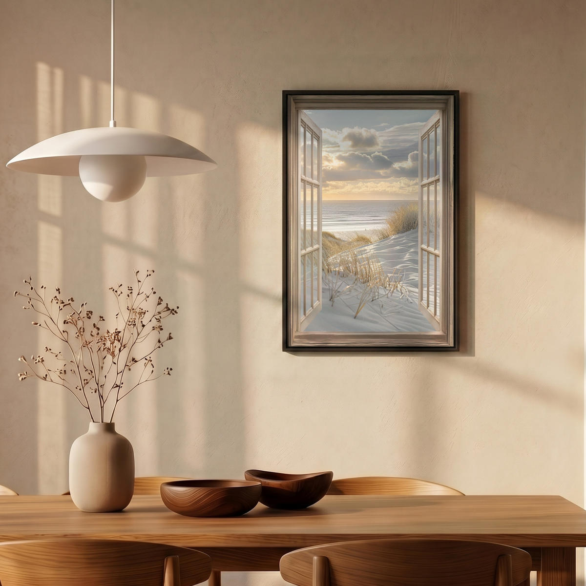 LEINWAND Bilder mit Rahmen - Ausblick - Strand - Dünen - Meer - Natur - 40x60 - Sandfarben, Textil (40/60cm) - MuchoWow