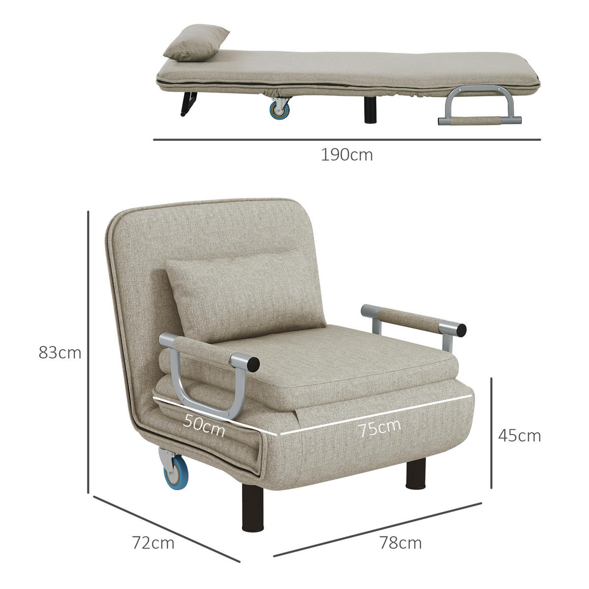 SCHLAFSESSEL, 3 in 1 Klappsessel mit verstellbarer Rückenlehne, Grau - Grau, Metall (72/83/78cm) - HOMCOM