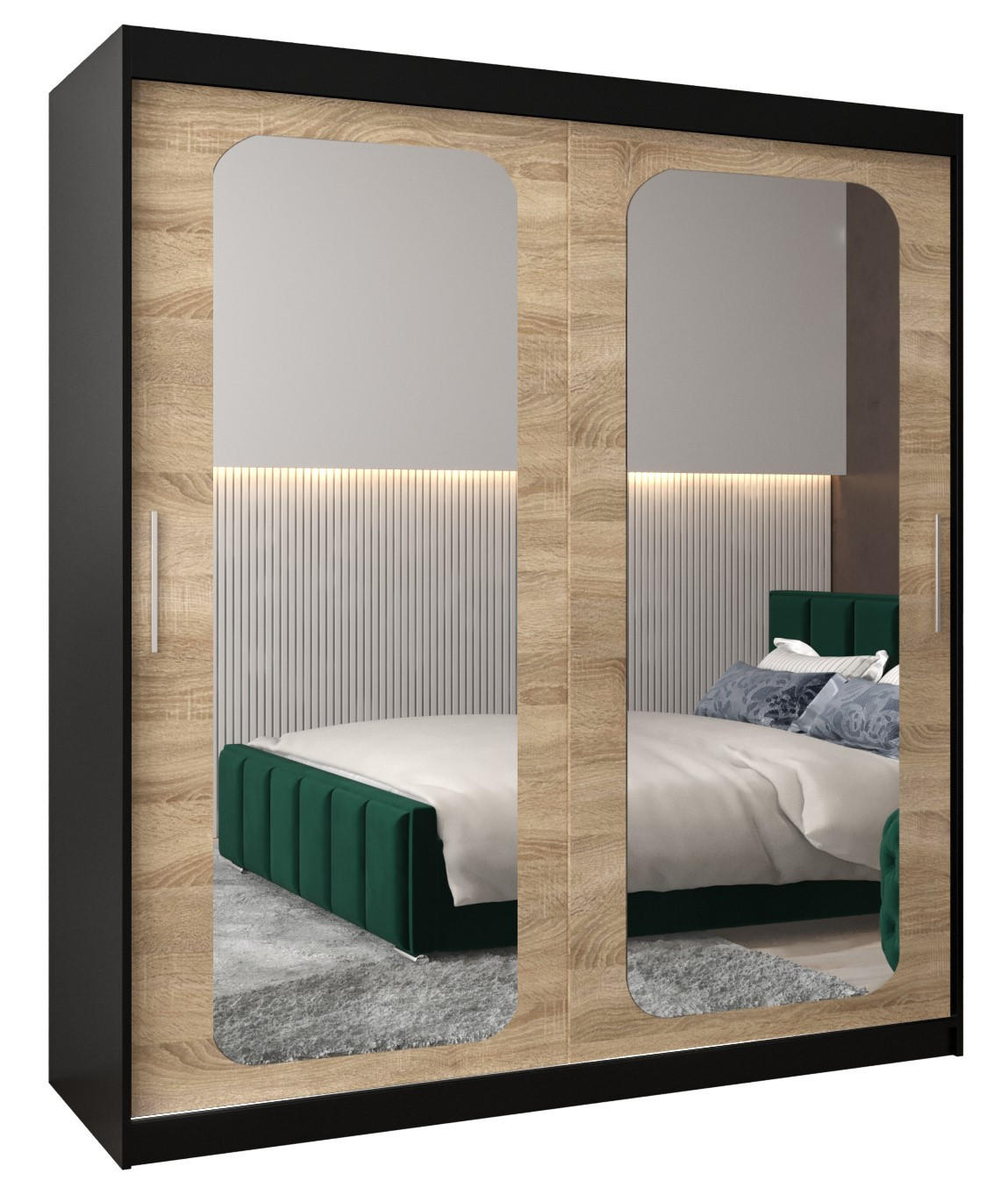 Abiks Möbel Schwebetürenschrank Schwarz, Sonoma Eiche 180x200x62 cm