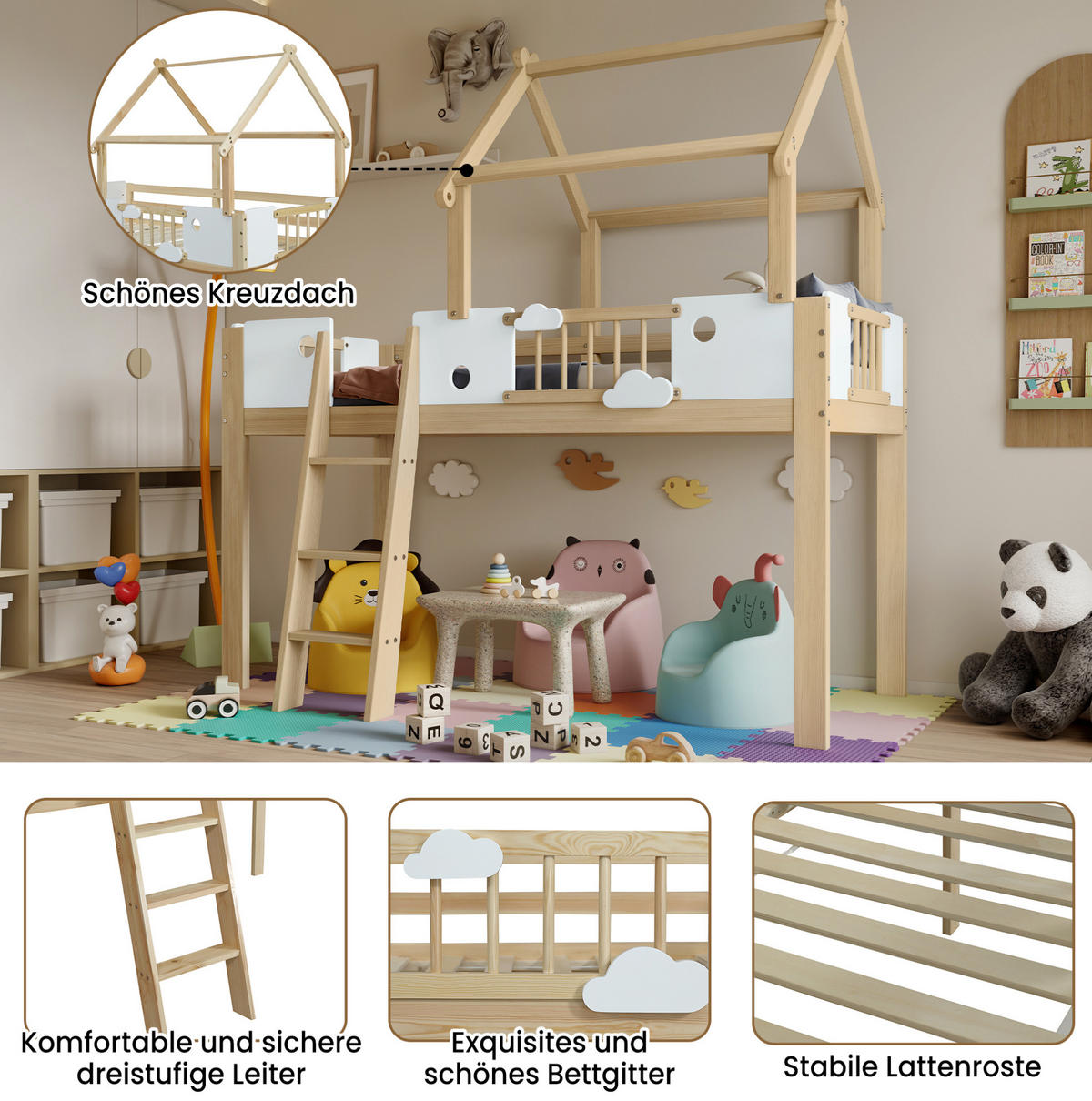 HAUSBETT 90/200 cm Weiß/Natur aus Kiefer, MDF und Sperrholz mit Dachdesign - Naturfarben, Holzwerkstoff (90/200cm) - OKMYHOME