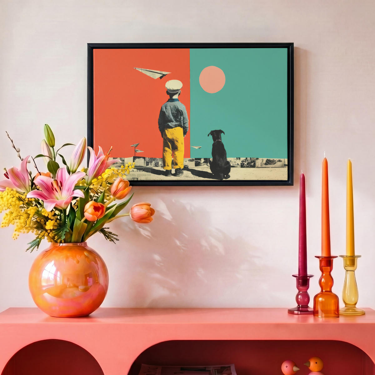 LEINWAND Bilder mit Rahmen - Retro - Junge - Hund - Rot - Grün - 30x20 - Orange, Textil (30/20cm) - MuchoWow