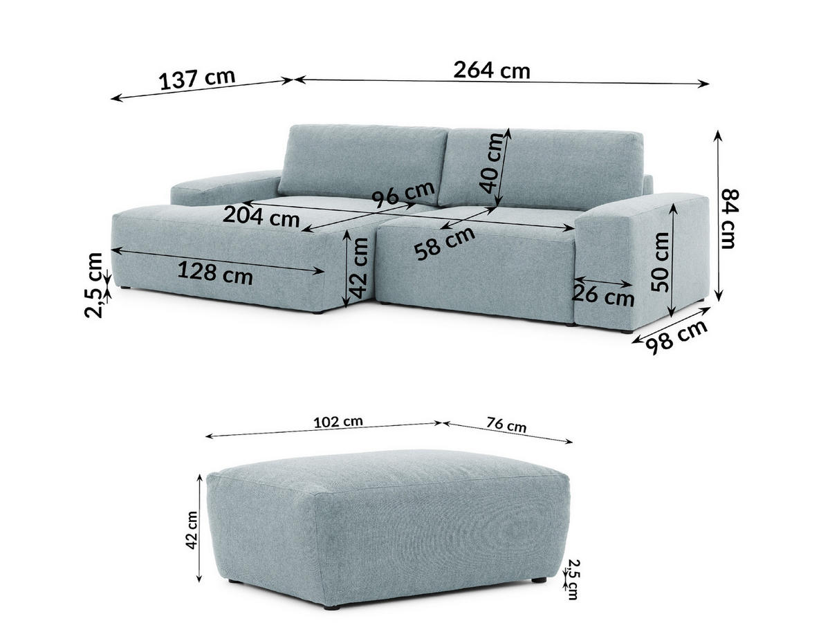 ECKSOFA inkl. Hocker Lennon aus Hellblau Strukturstoff mit Schlaffunktion und Bettkasten - Schwarz/Hellblau, Holz/Kunststoff (137/264cm) - S-Style
