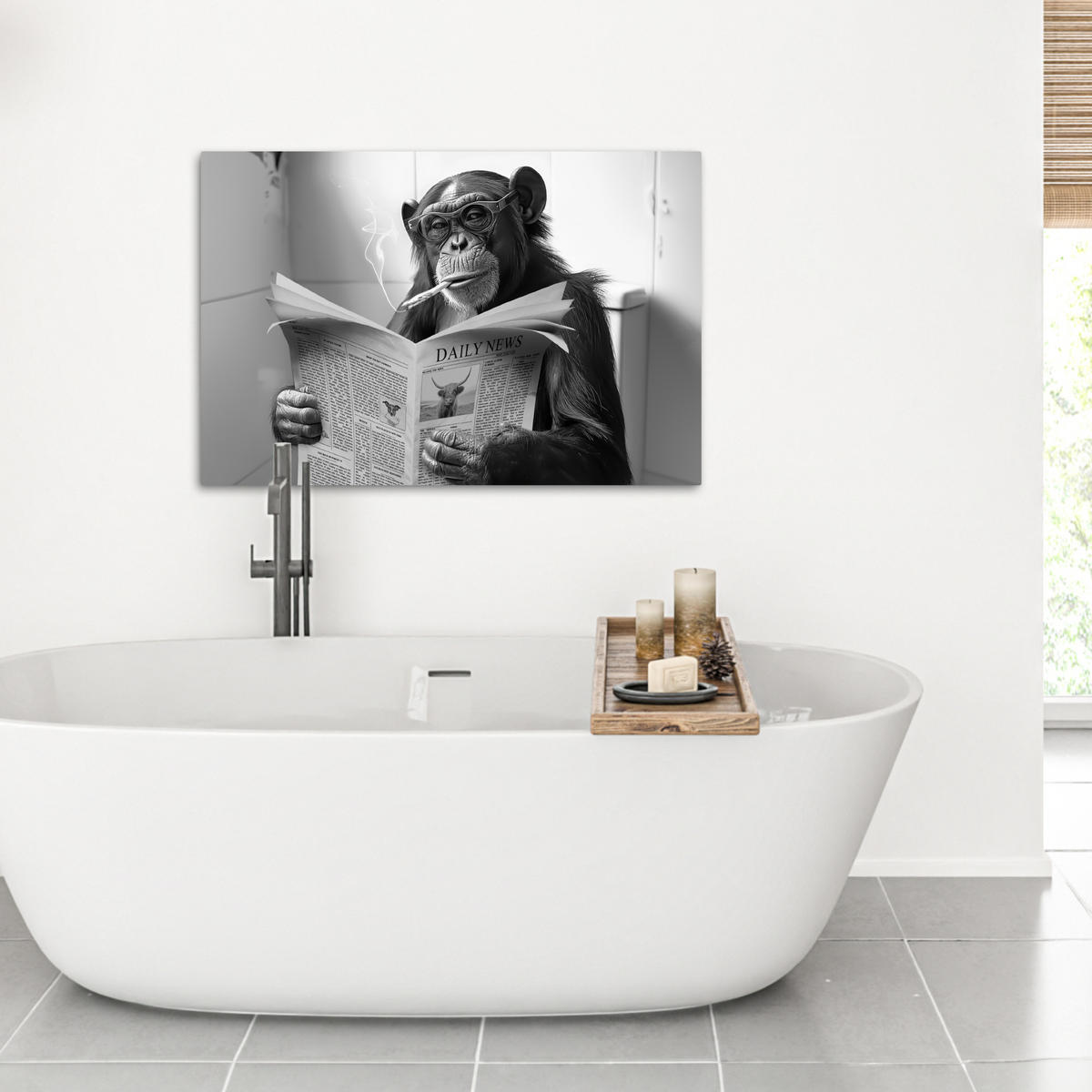 LEINWANDBILD Affe - WC - Zeitung - Schwarz-Weiß - Humor Wanddeko 90x60 cm - Hellgrau, Textil (90/60cm) - MuchoWow