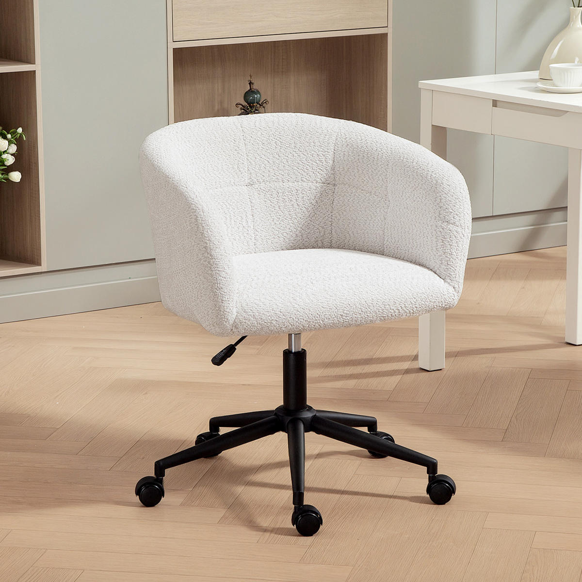 SCHREIBTISCHSTUHL Homeoffice Stuhl mit Leinenoptik Gewölbter Rückenlehne Creme - Creme/Schwarz, Textil/Metall (59/85/65cm) - HOMCOM