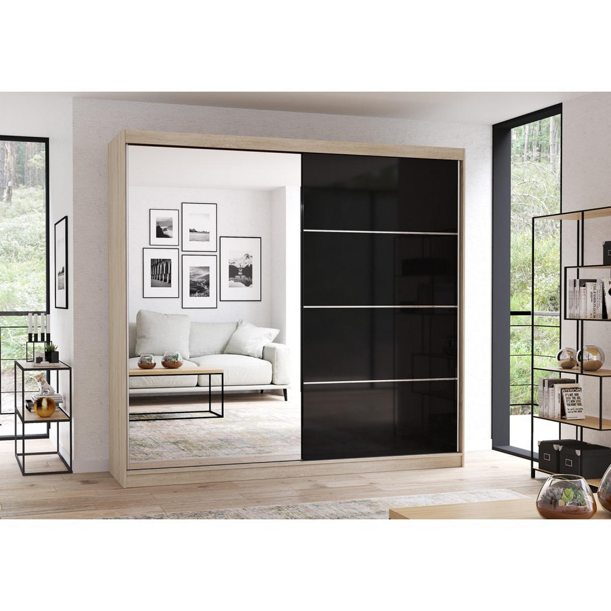SCHWEBETÜRENSCHRANK Multi 31 Sonoma Eiche, Schwarz + Spiegel, mit LED-Beleuchtung 203 cm - Alufarben/Schwarz, Glas/Holzwerkstoff (203/218/61cm) - imoebel24