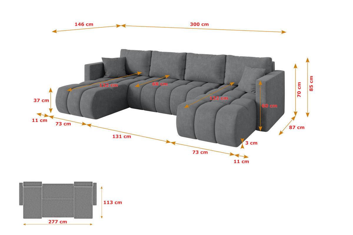 SEDACÍ SOUPRAVA DO U s funkcí spaní a úložným prostorem GARD-U 300x146x85 šedá velur - černá/šedohnědá, kompozitní dřevo/textil (300/85/146cm) - ALTDECOR