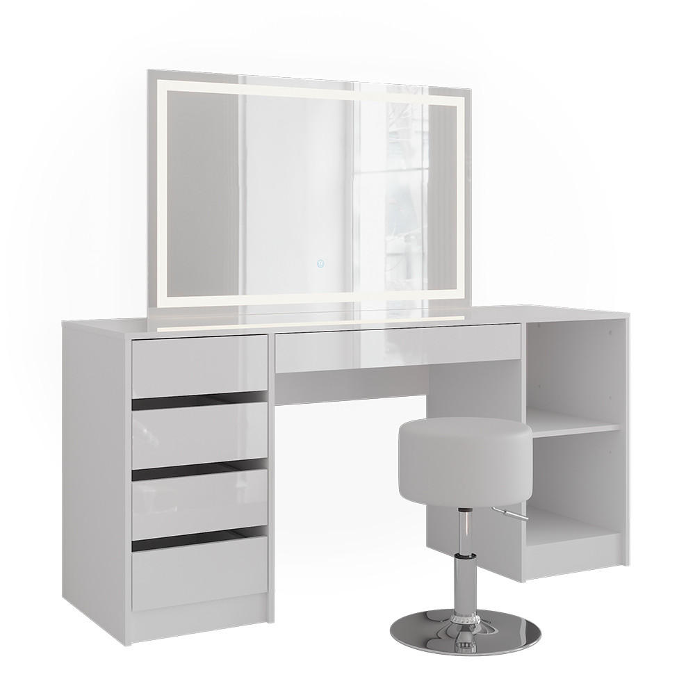SCHMINKTISCH Sherry Weiß/Weiß Hochglanz 158.2 cm mit LED-Spiegel und Hocker - Weiß Hochglanz, Holzwerkstoff (158.2/76/50.1cm) - Vicco