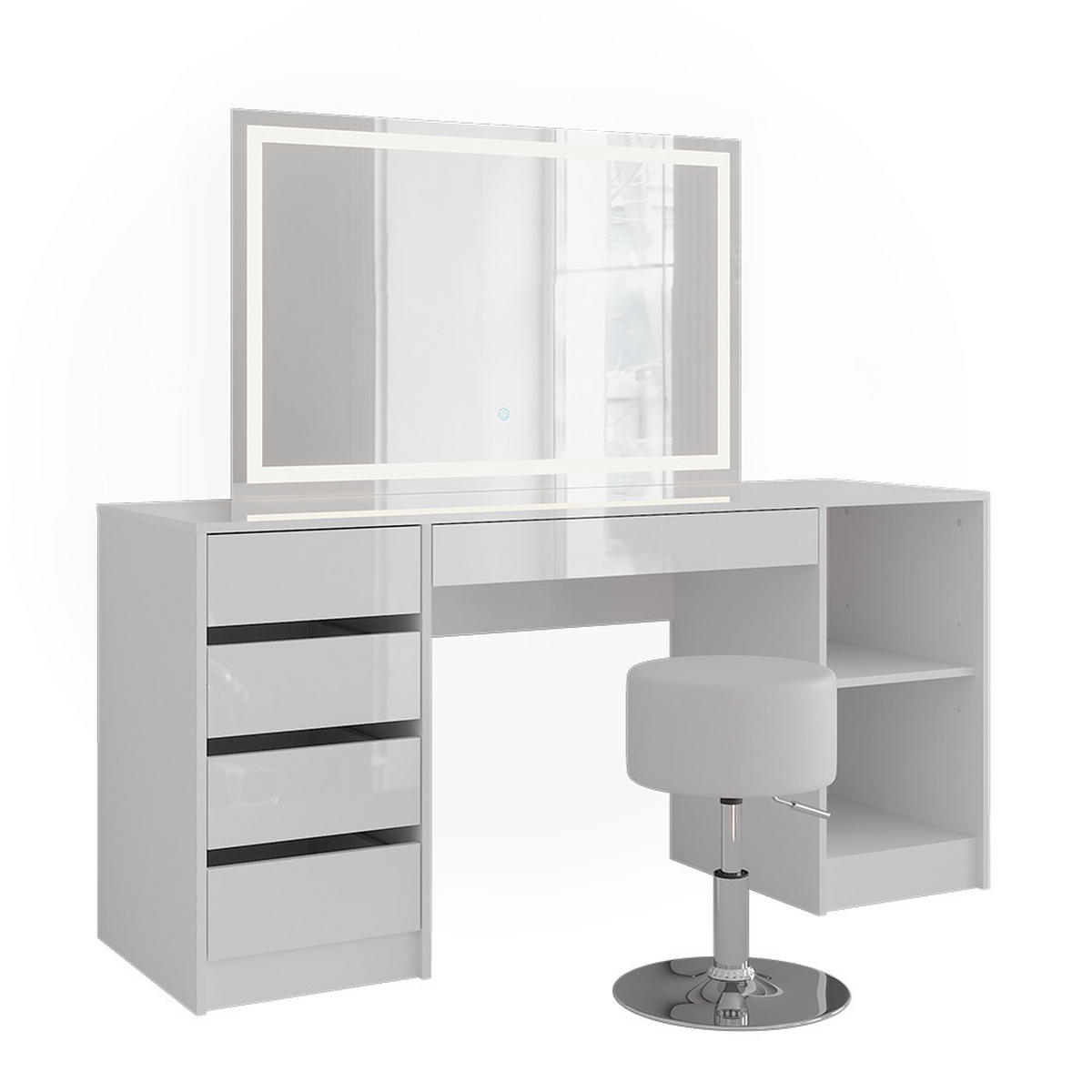 SCHMINKTISCH Sherry Weiß/Weiß Hochglanz 158.2 cm mit LED-Spiegel und Hocker - Weiß Hochglanz, Holzwerkstoff (158.2/76/50.1cm) - Vicco