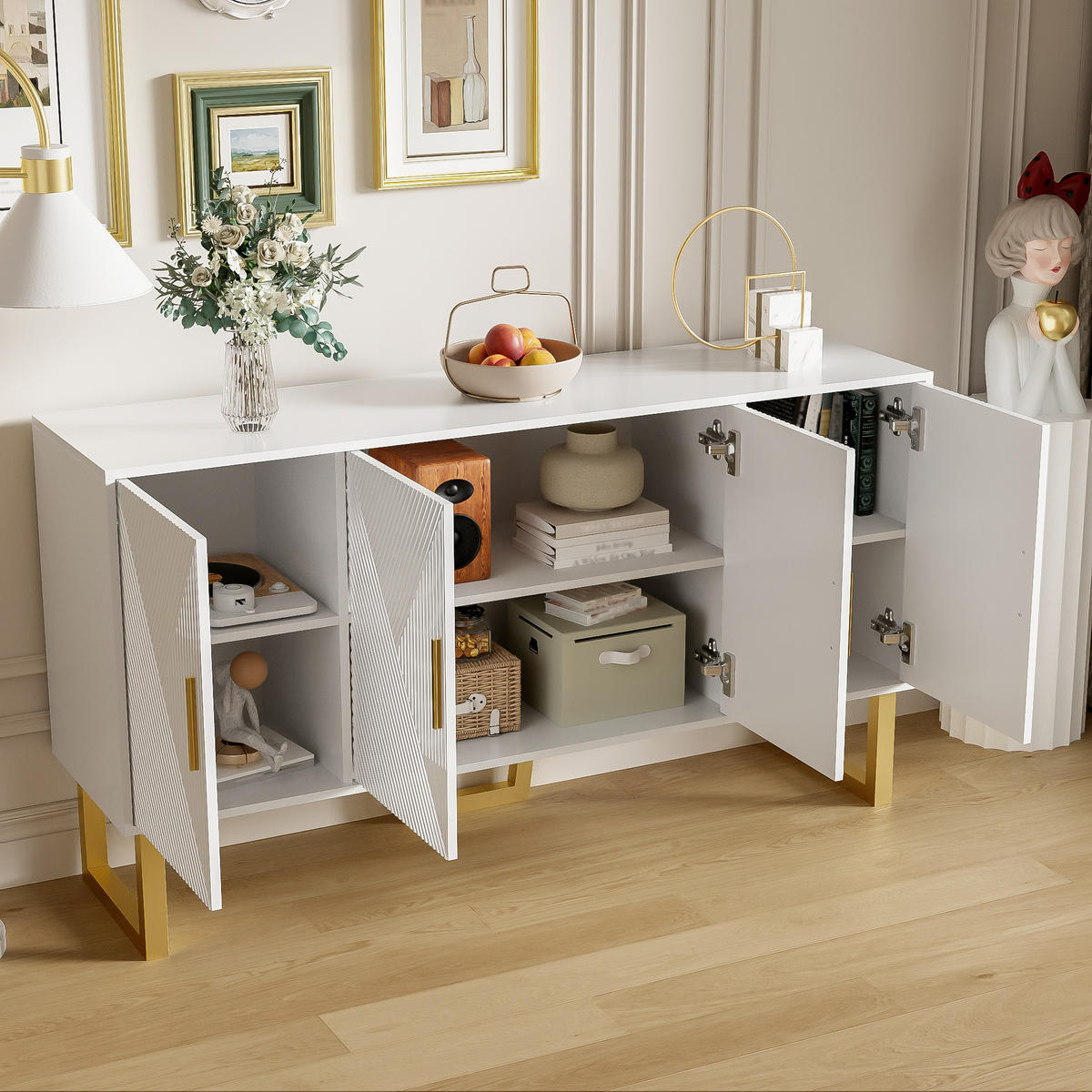 SIDEBOARD 150cm Modern Luxuriös Weiß Goldene Griffe 4 Türen - Weiß, Holzwerkstoff (40/82/150cm) - FLIEKS