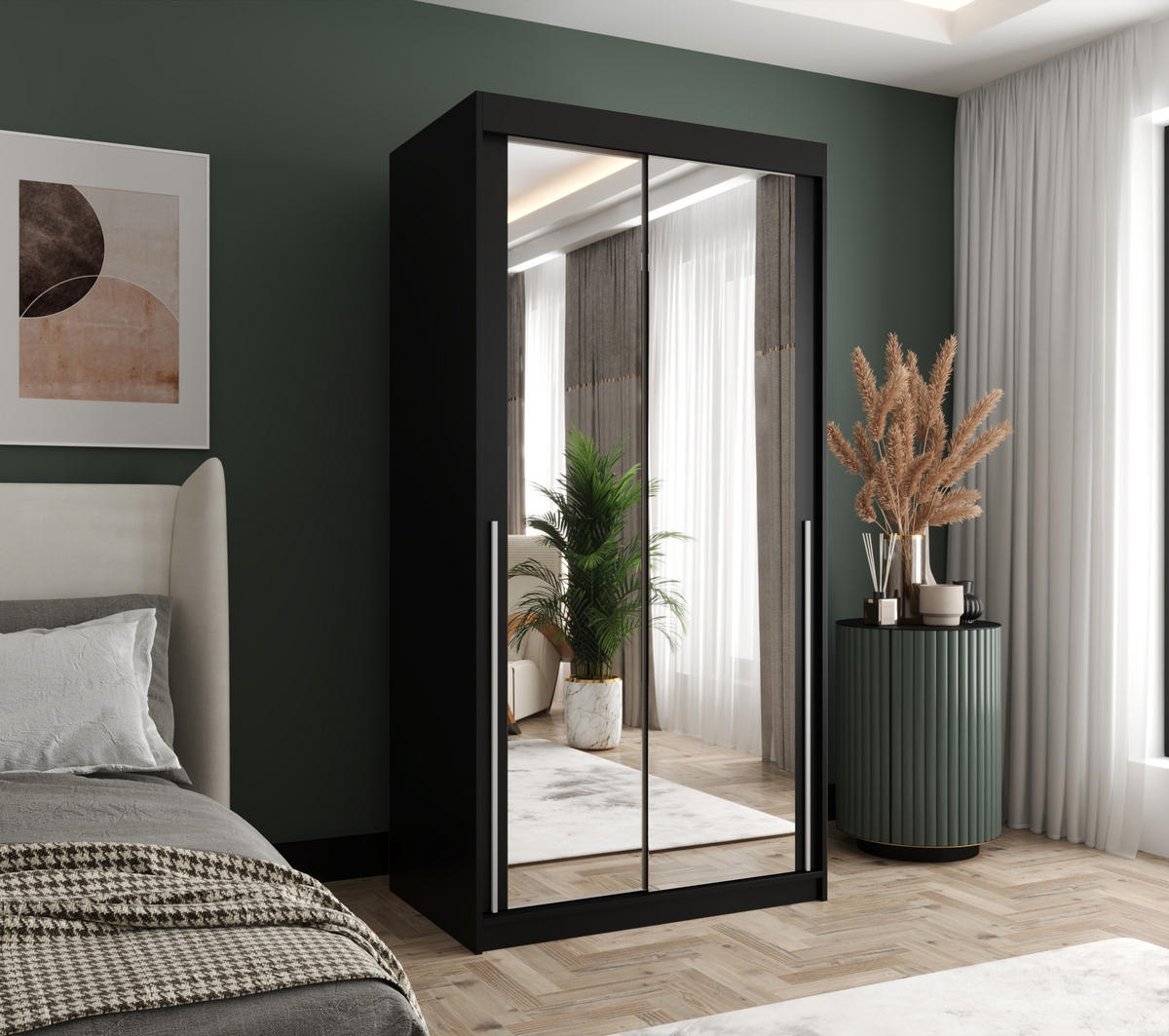 SCHWEBETÜRENSCHRANK mit Spiegel 100 cm Breite, schwarz mit silbernem Griff - Silberfarben/Schwarz, Holzwerkstoff (100/200/62cm) - Home Collective