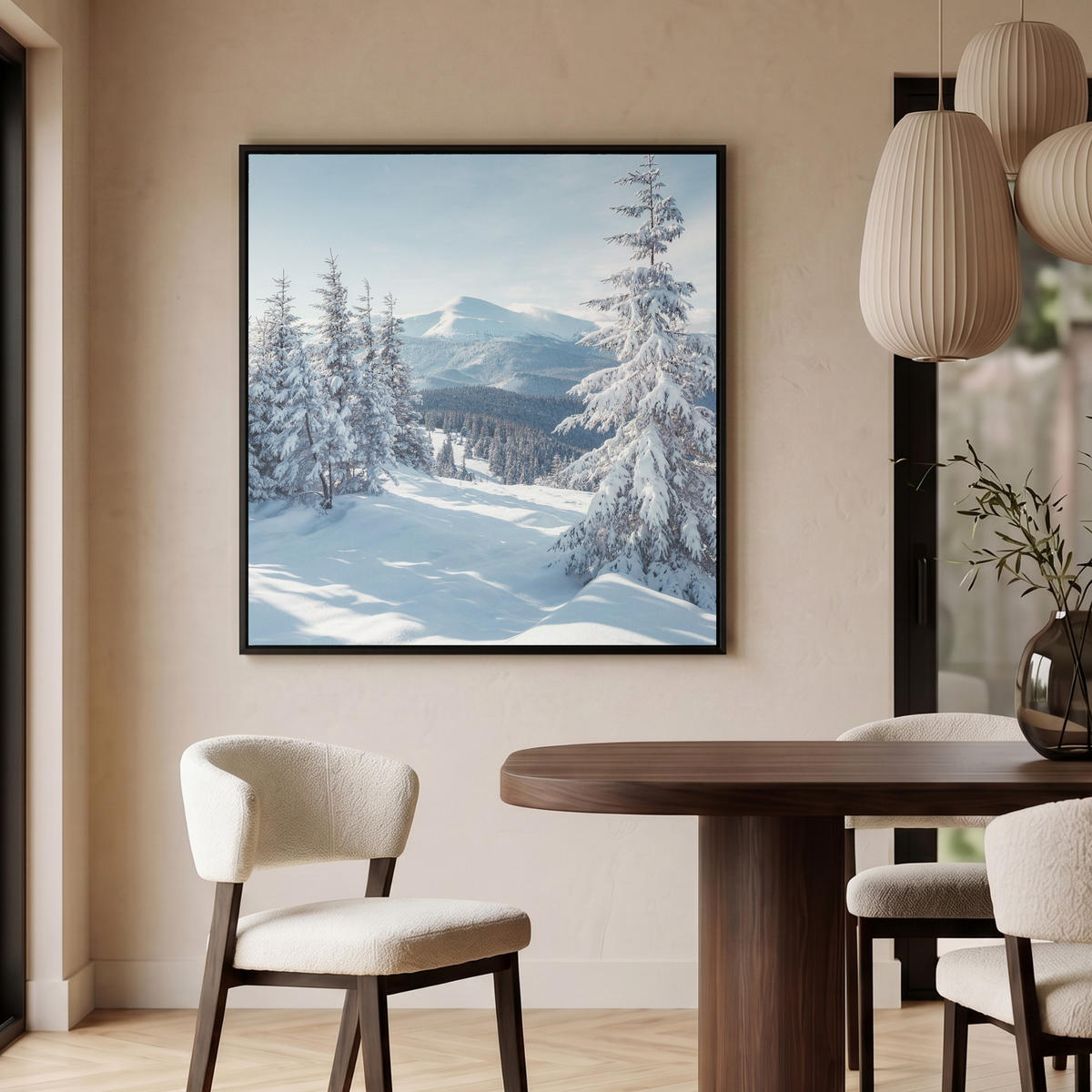 LEINWAND Bilder mit Rahmen - Winterlandschaft - Natur - Berge - Bäume - Schnee - 90x90 - Hellblau, Textil (90/90cm) - MuchoWow