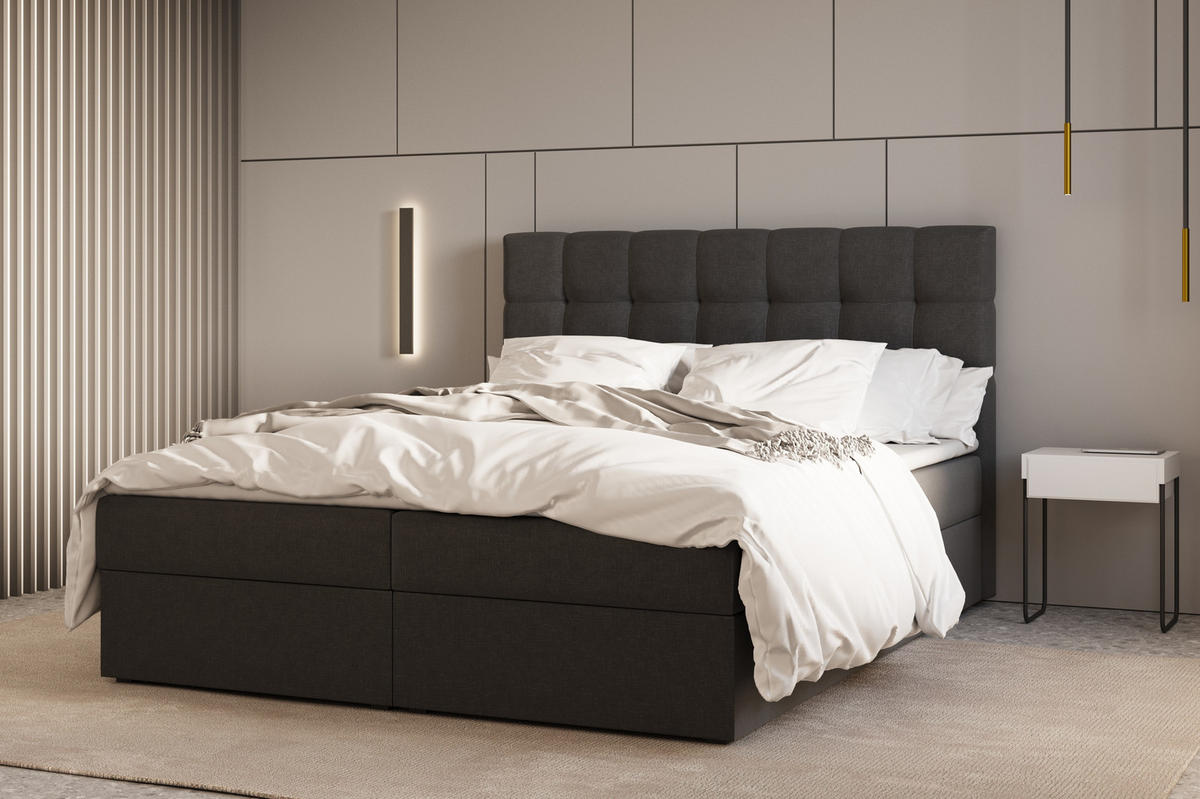BOXBETT - Bett 05 OSLO - Hugo - 140x200 cm - mit Bettkasten und Waschbarem Topper - Schwarz, Holz (140/200cm) - ROYAL24_MARKT