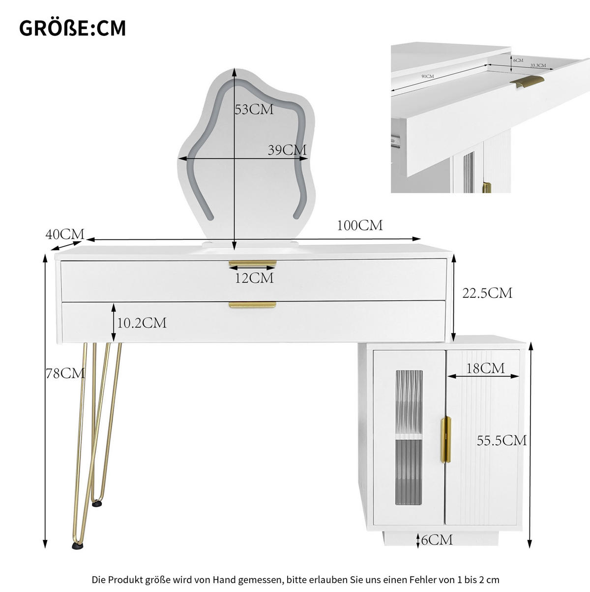 SCHMINKTISCH 100/40/78 cm aus Spanplatte mit LED-Spiegel, 2 Schubladen, ausziehbarem Seitenschrank und Metallbeinen, Weiß - Weiß, Holzwerkstoff (100/78/40cm) - Redom