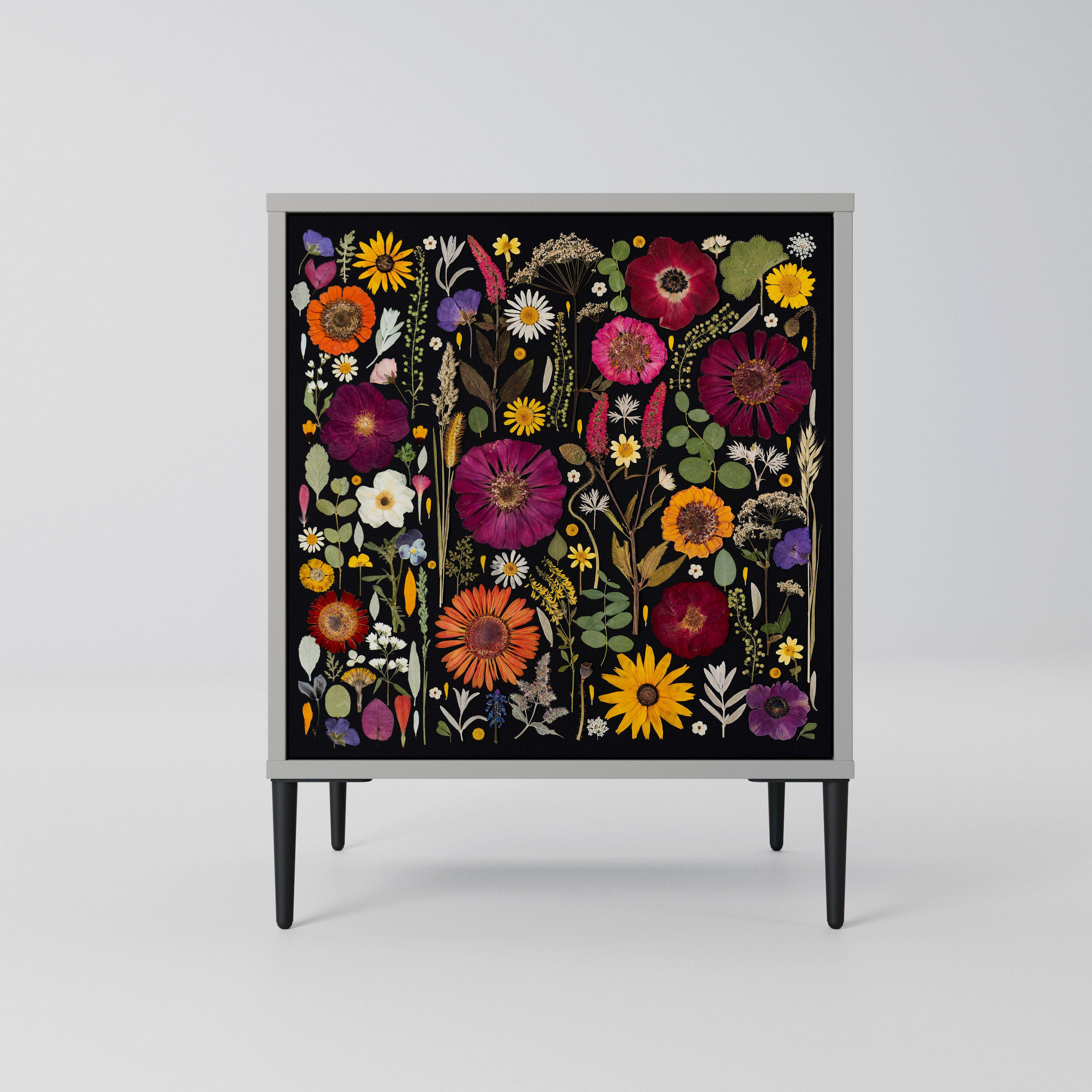 SIDEBOARD MIDNIGHT GARDEN, Grau, 57,5x42x72,5 cm, Schwarze Metallfüße - Multicolor/Schwarz, Holzwerkstoff/Metall (57.5/72.5/42cm) - SpaceRebels