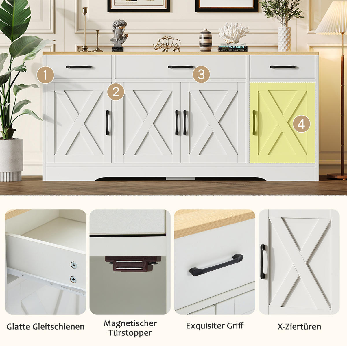 SIDEBOARD z MDF, 160/37/75 cm bílá s dekorem dřeva a 3 zásuvkami - bílá, kompozitní dřevo (160/75/37cm) - Modenvie