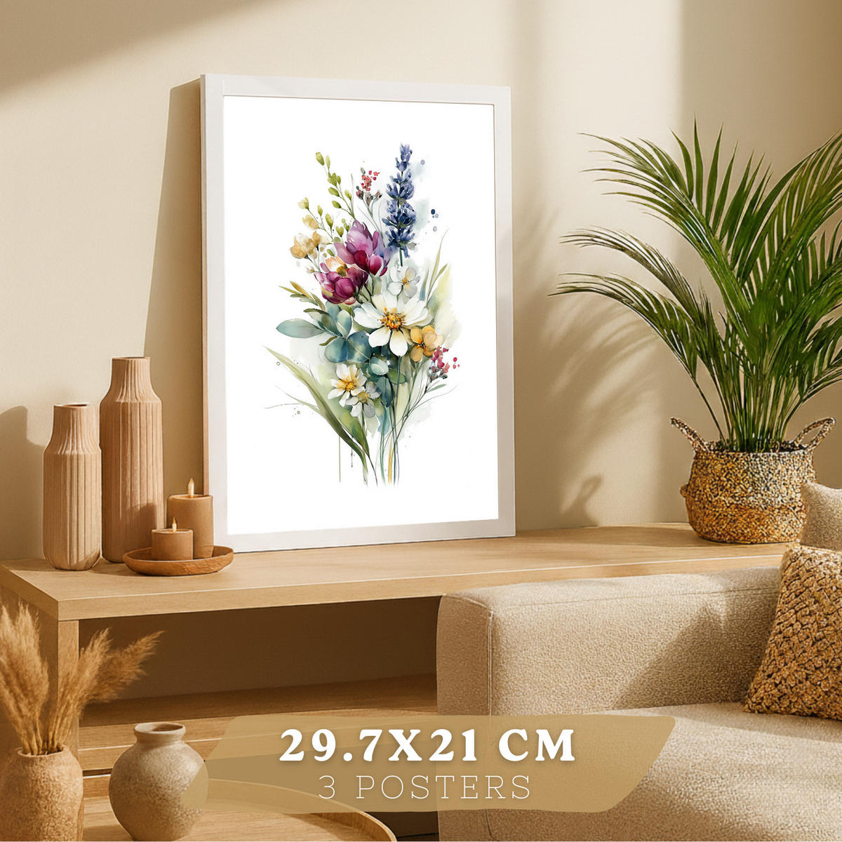 PLAKAT Sada 3 botanických uměleckých tisků. Květinové nástěnné umění. Květinové tisky. Velikost Bílý rám A4 - bílá, papír (21/29.7/3cm) - Nacnic