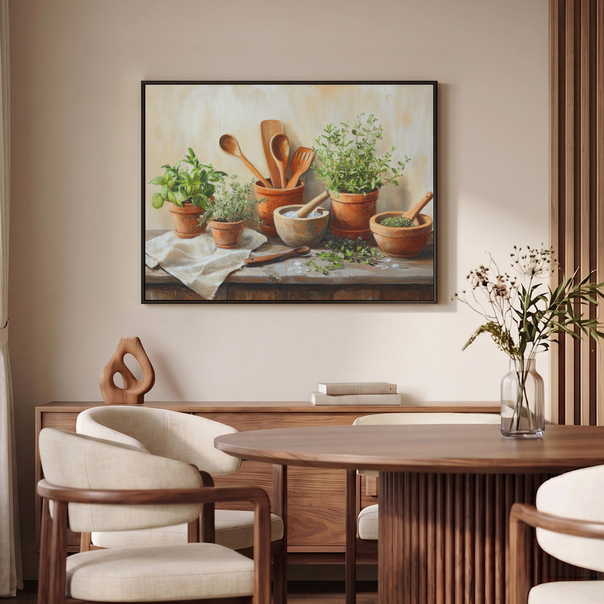 LEINWAND Bilder mit Rahmen - Töpfe - Kräuter - Holz - 100x70 - Terracotta, Textil (100/70cm) - MuchoWow
