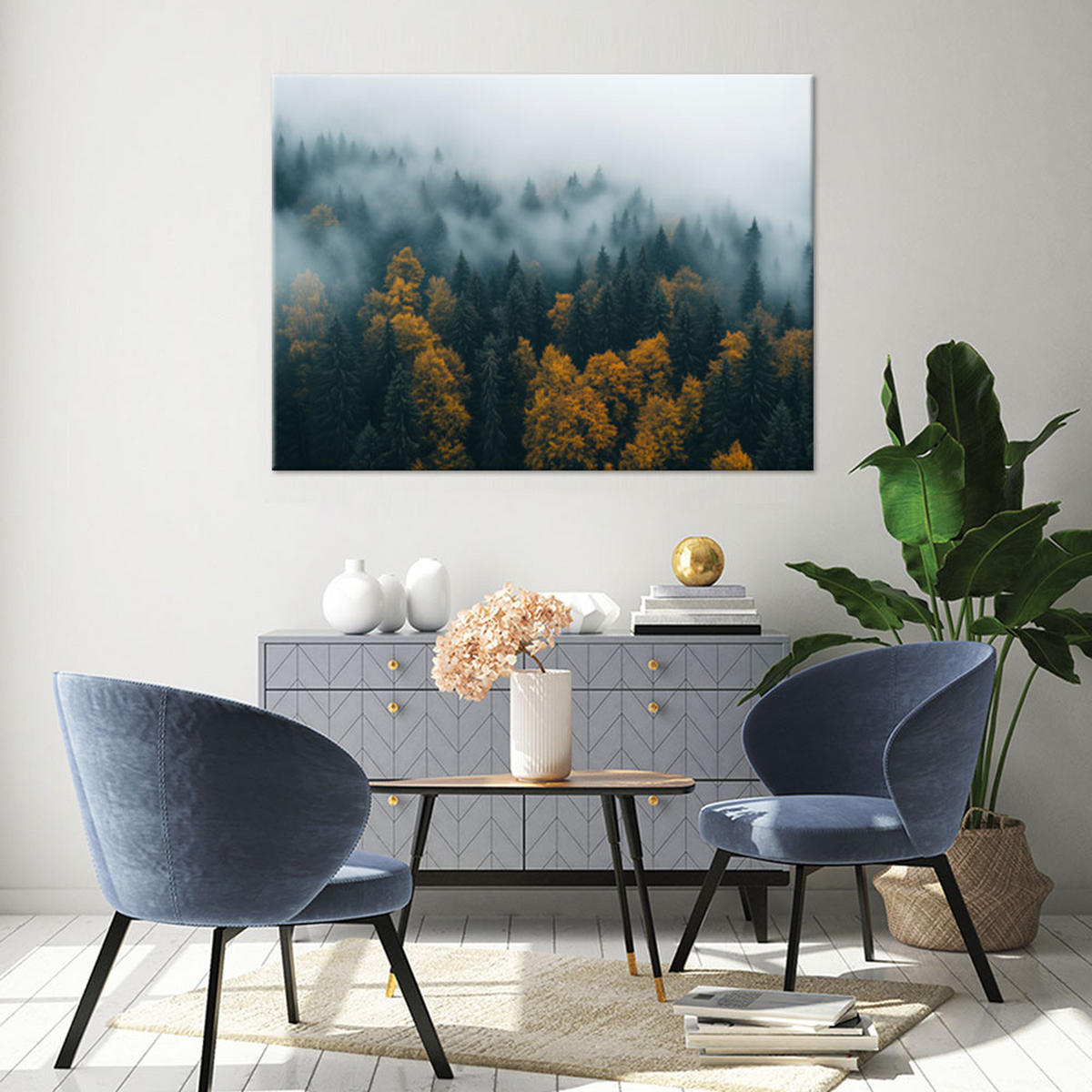 WANDBILD wald in nebel landschaft - Grün, Textil (60/40cm) - Feeby