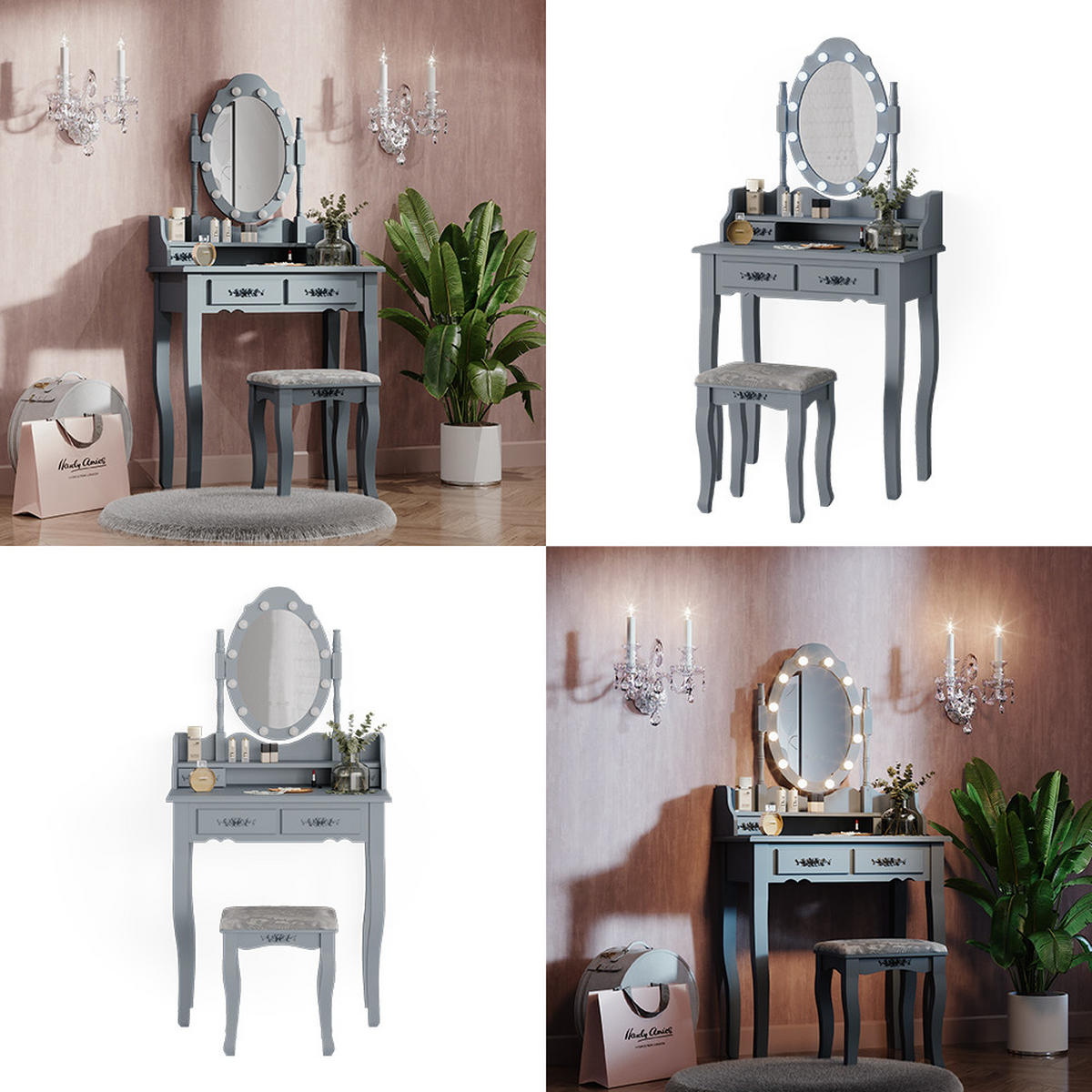 SCHMINKTISCH Maggie Grau 75 cm mit LED Beleuchtung und Hocker - Grau, Holzwerkstoff (75/146.5/40cm) - Vicco