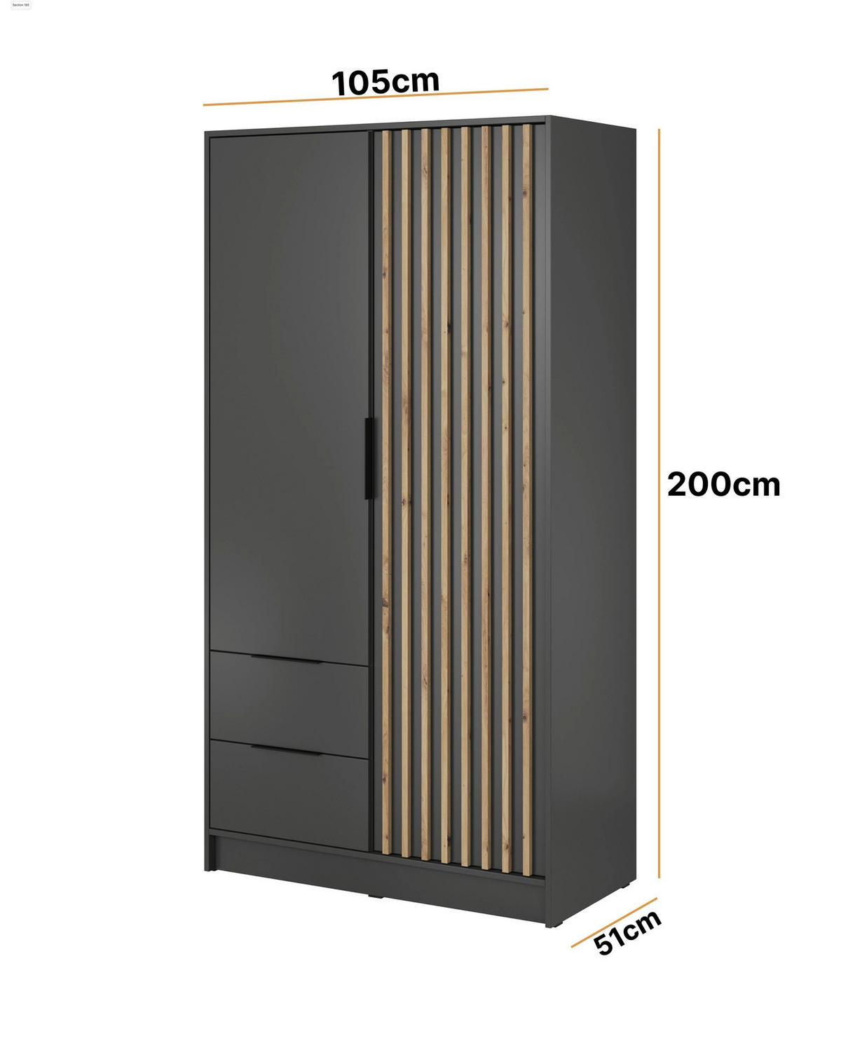 KLEIDERSCHRANK Stilo in Graphit, zweitürig, mit Spiegel und Lamellen an der Vorderseite - Schwarz/Graphitfarben, Holzwerkstoff/Kunststoff (105/200/51cm) - Ravio