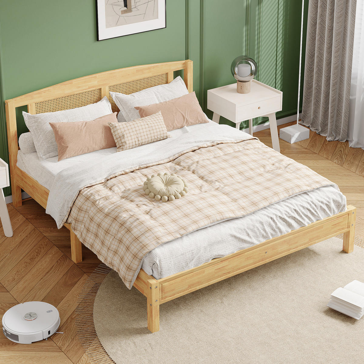 DOPPELBETT 160/200 cm Natur Rattanbett mit stabilen Mittelfüßen aus Kiefer - Naturfarben, Holzwerkstoff (160/200cm) - OKWISH