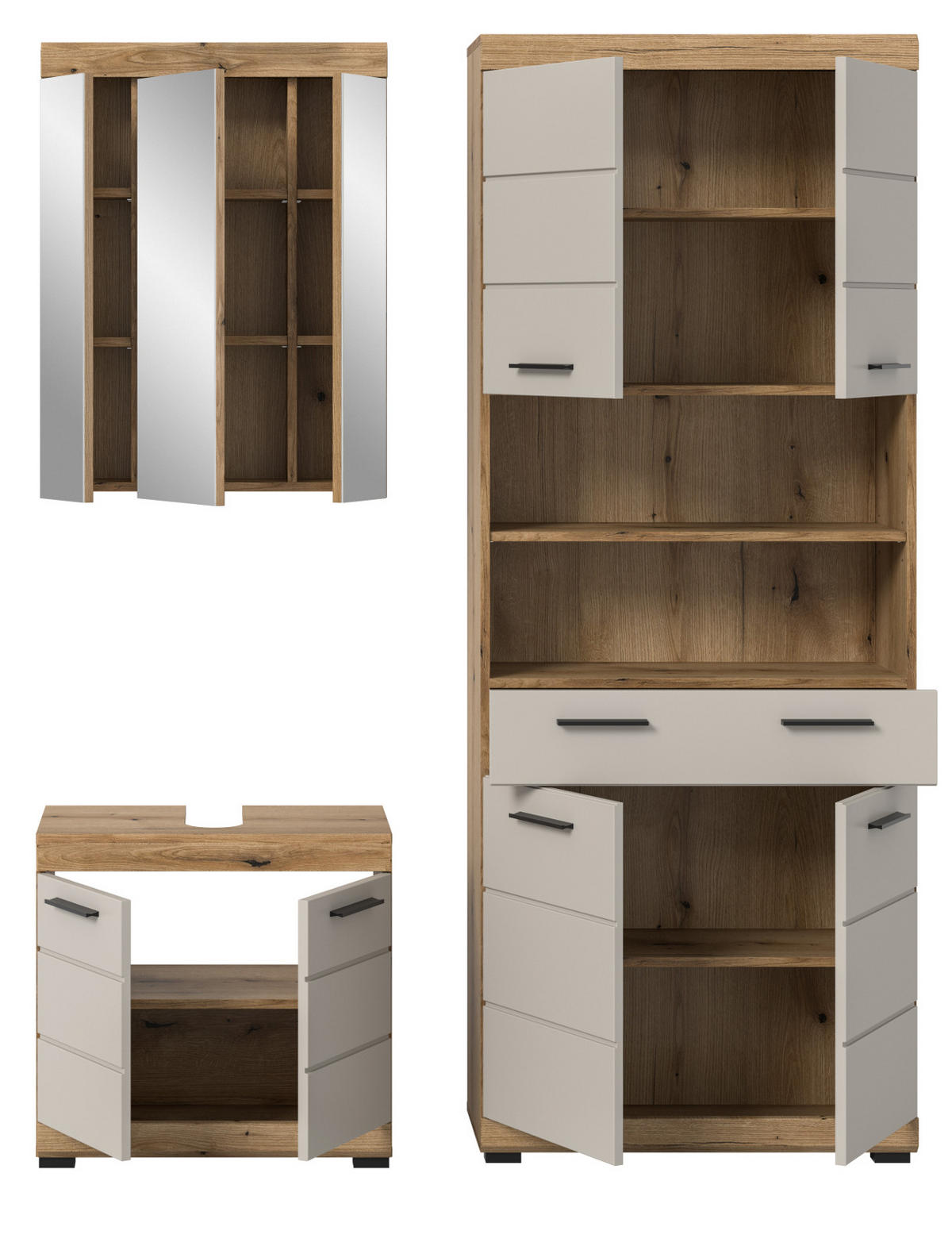 BADMÖBEL Set 3-teilig in Sand Kaschmir und Evoke Eiche Badkombination 149 x 191 cm Shawn - Kaschmir/Eichefarben, Glas/Holzwerkstoff (149/191/34cm) - Inn.Furn