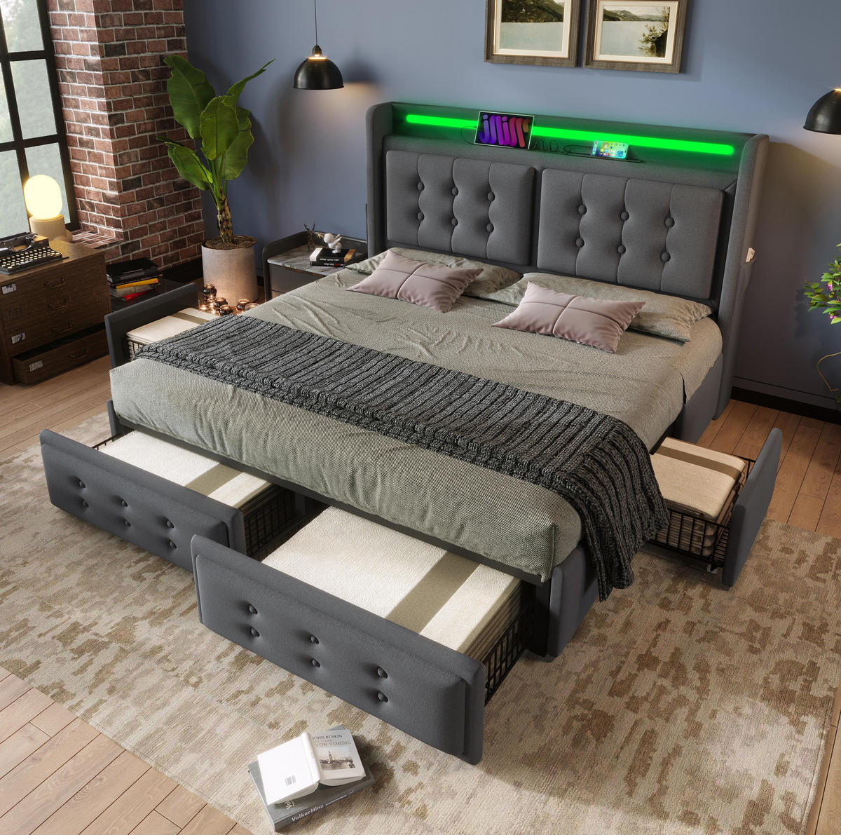 POLSTERBETT mit LED und 4 Schubladen 140x200 cm Baumwoll-Leinen Grau - Grau, Metall (140/200cm) - Meubliv