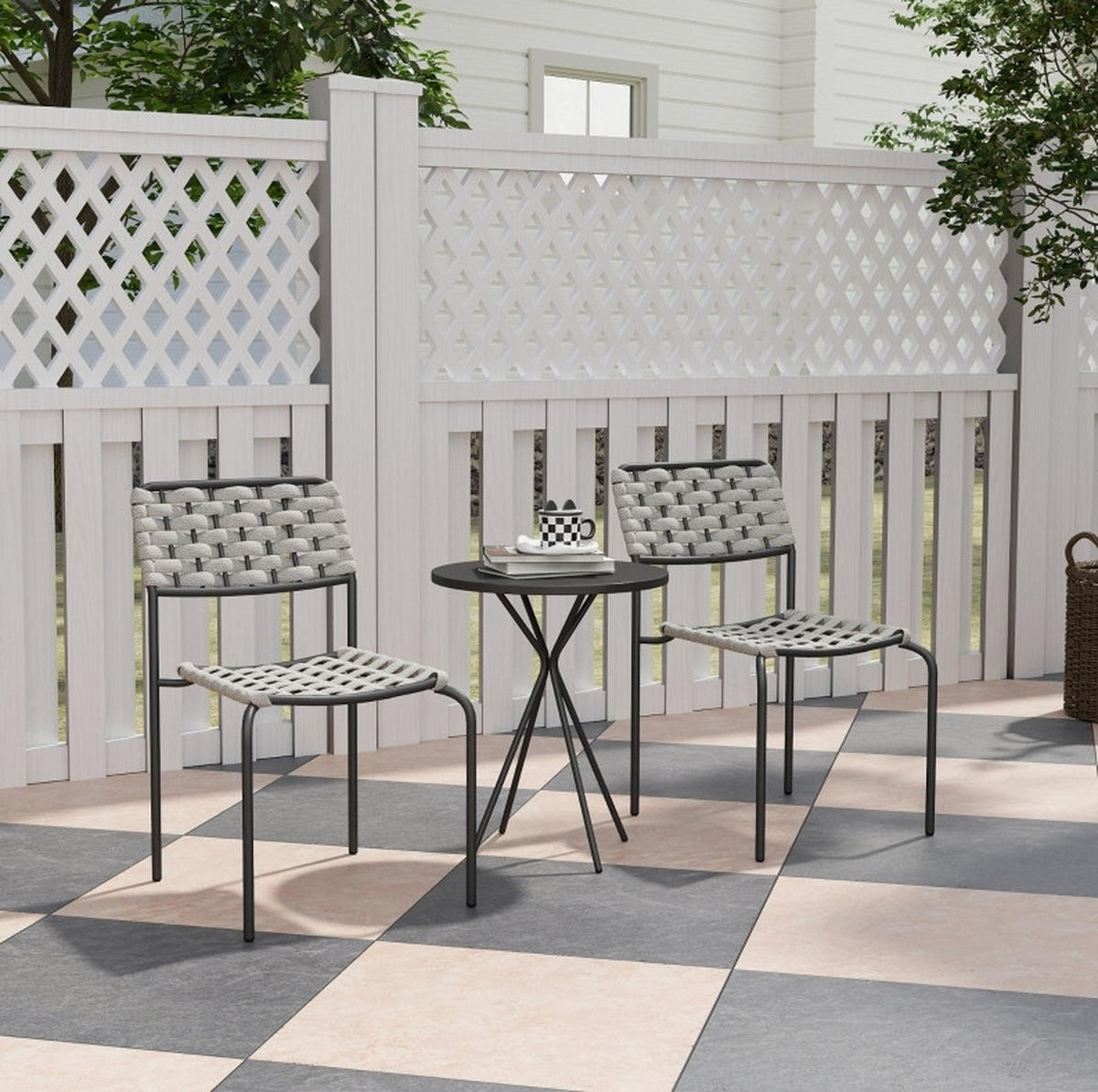 BALKONSET 3-teilig,48×48×60cm,Stapelbare Stühle mit Rattan Tisch - Grau, Metall - Modfu