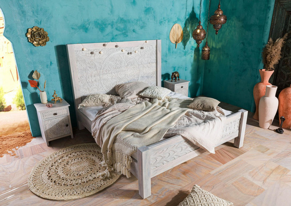 BETT Massivholz Mango 180 x 200 x 150 weiß KASHMIR #103 - Weiß, Holz (180/200cm) - Massivmoebel24