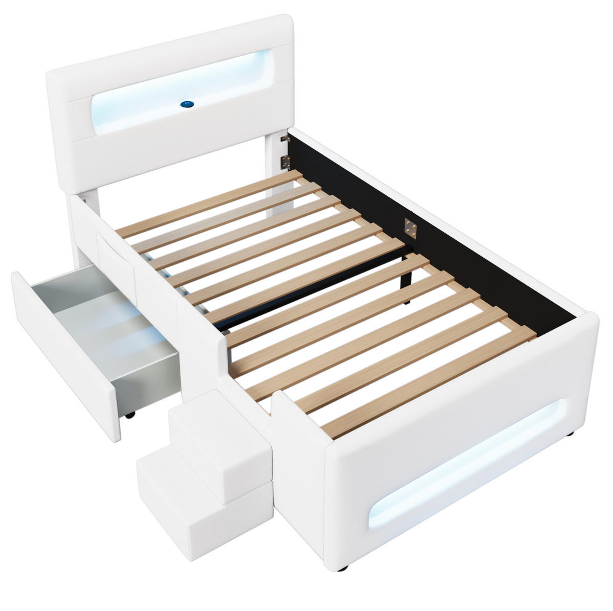 POLSTERBETT 90/200 cm mit LED-Beleuchtung, Treppe, Schublade und PU-Bezug, Weiß - Weiß, Holzwerkstoff (90/200cm) - Redom