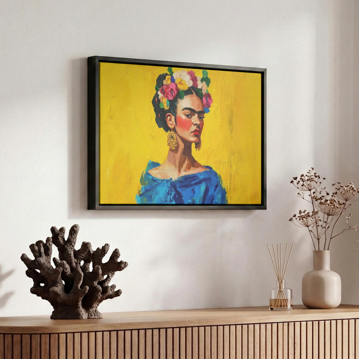 LEINWAND Bilder mit Rahmen - Frida Kahlo - Frau - Gelb - Blau - Blumen - 30x20 - Gelb, Textil (30/20cm) - MuchoWow
