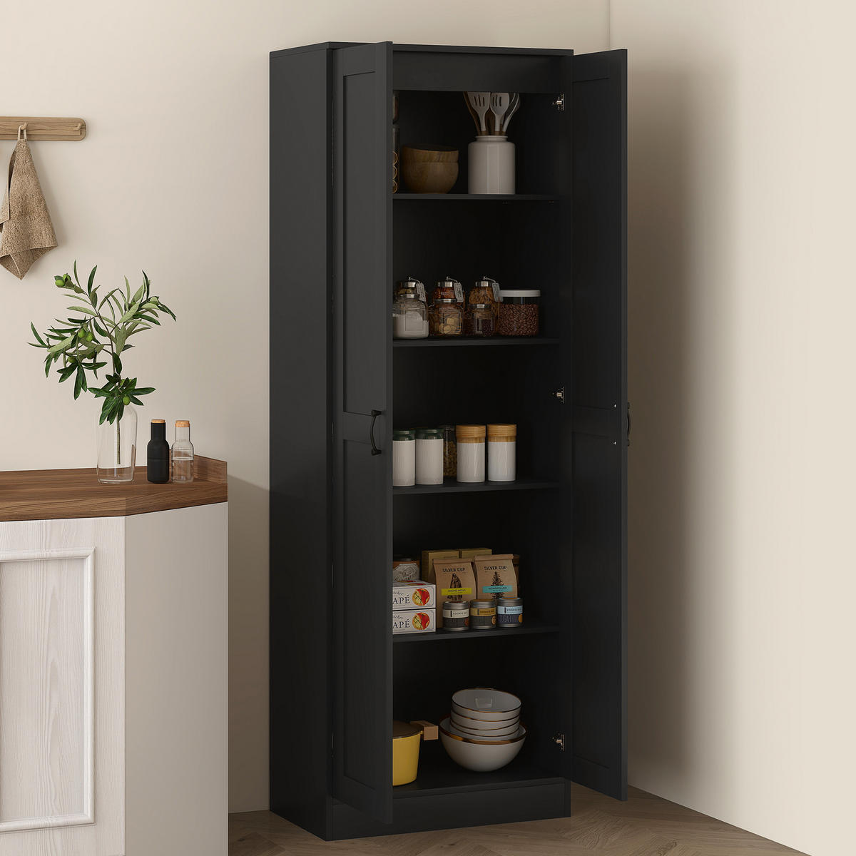 HIGHBOARD DE-11325 2 Türen & 5 Böden (3 verstellbar) Schwarz - Schwarz, Holzwerkstoff (36.5/175/60cm) - ComfortXL