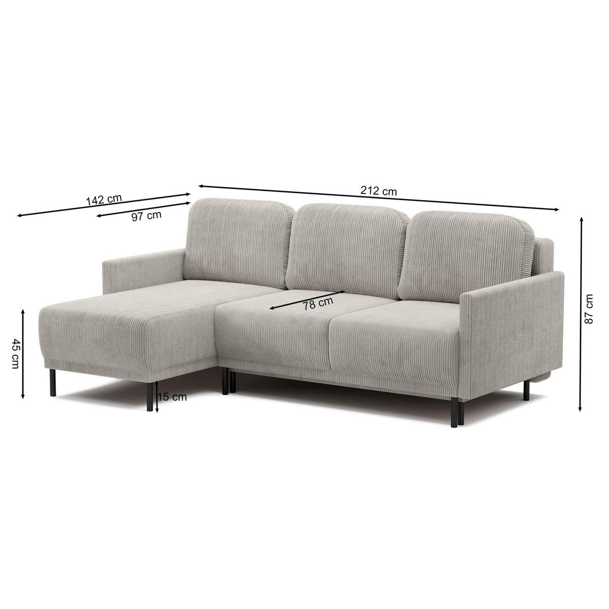 ECKSOFA Hamiel Blaugrau Cord - Blaugrau/Hellgrau, Textil/Metall (212/142cm) - Selsey