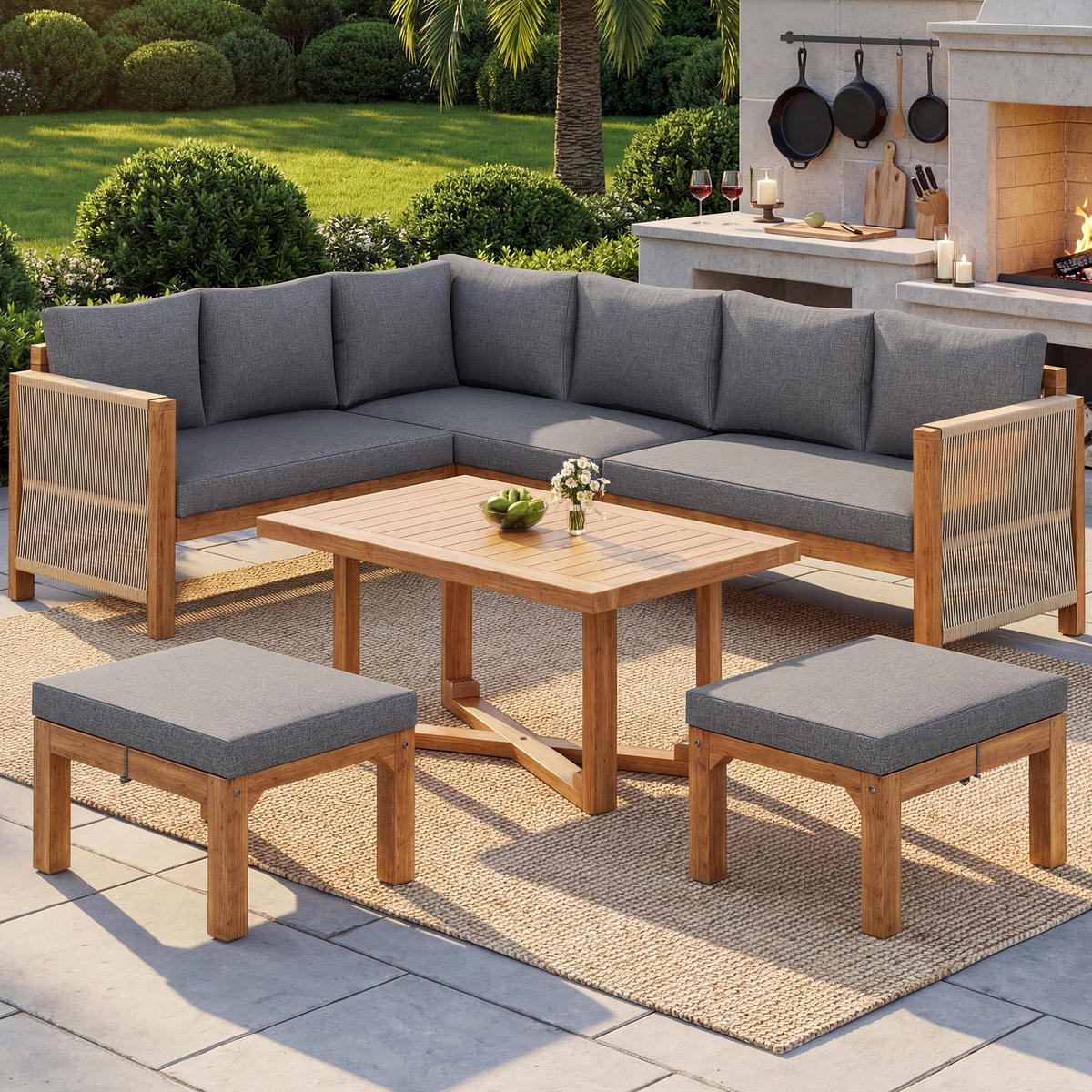 GARTENLOUNGE-SET Modulares Gartenmöbel-Set aus Akazienholz 6-Sitzer Ecksofa - Naturfarben/Grau, Holzwerkstoff/Textil - STILVORA