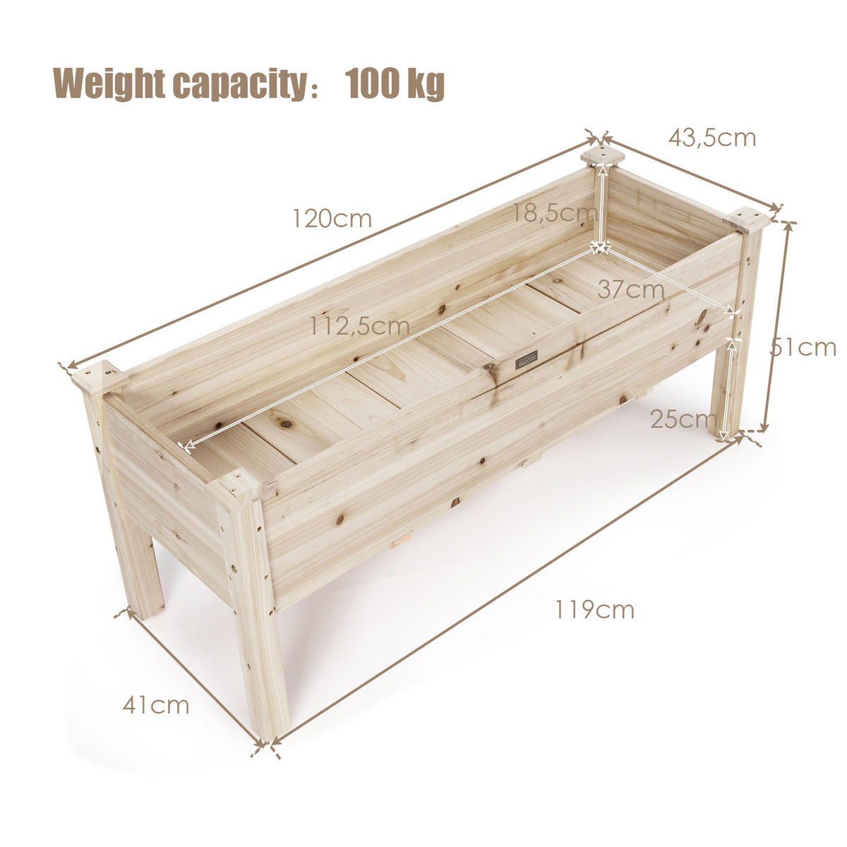 HOCHBEET Pflanzbeet Pflanztrog Holz - Apfelbaumfarben, Holz (44/51/120cm) - COSTWAY