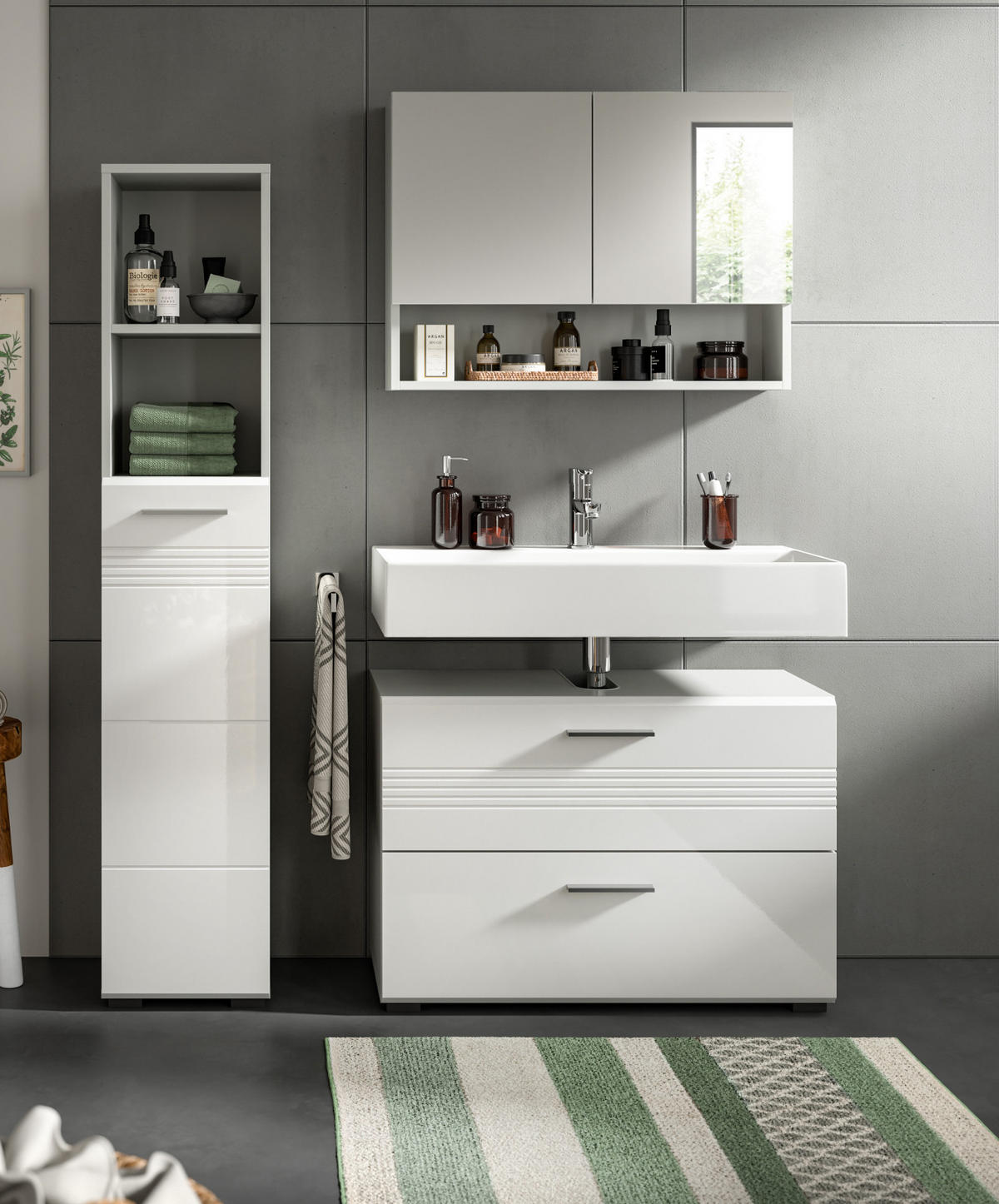 BADMÖBEL-SET 3-teilig weiß Hochglanz, grau 125 cm, Komplettset mit Soft-Close - Weiß Hochglanz/Grau, Glas/Holzwerkstoff (125/190/32cm) - Inn.Furn