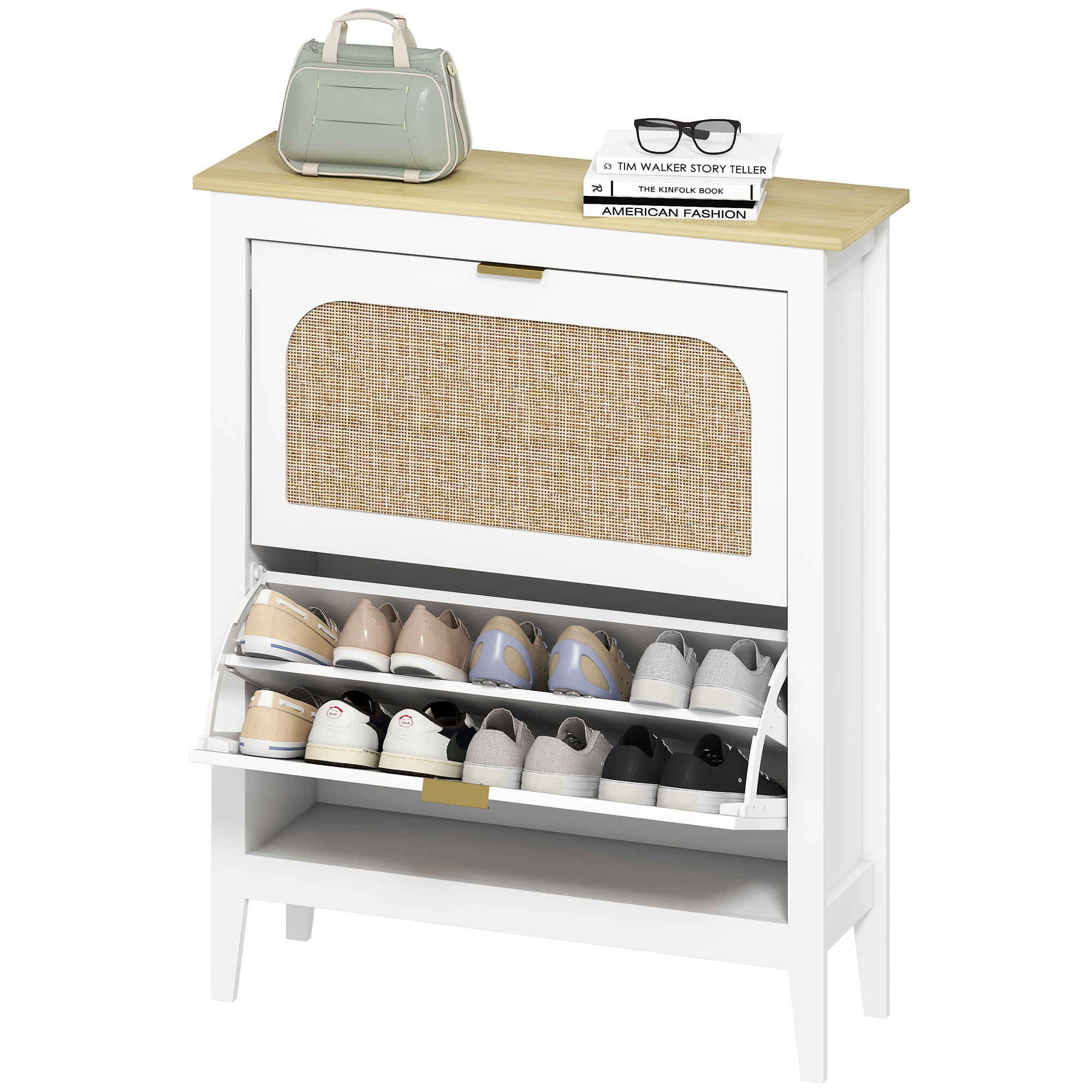 SCHUHSCHRANK im Bohème-Stil für 14 Paar Schuhe mit 2 Klappschubladen, Türen in Rattanoptik, 80 x 24 x 95,5 cm, weiß - Weiß, Holzwerkstoff (80/95.5/24cm) - HOMCOM