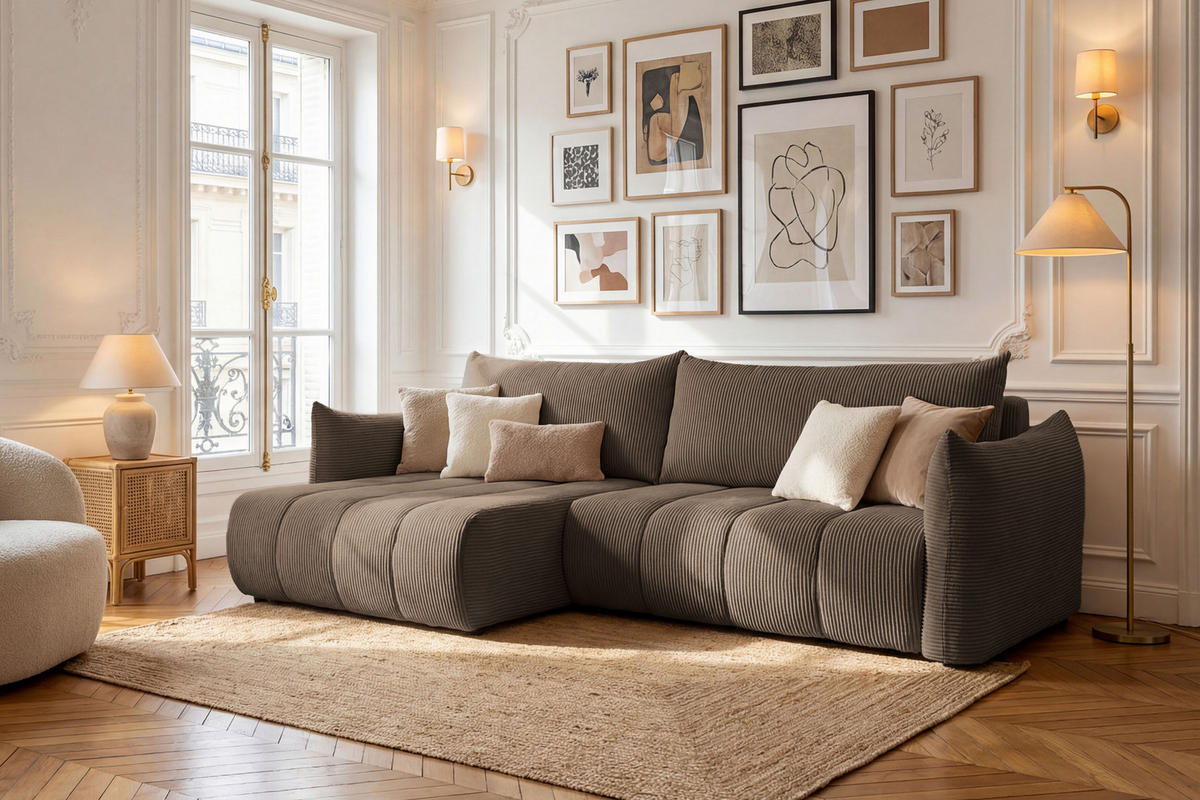 ECKSOFA Liv mit Schlaffunktion & Bettkasten in Cordstoff Braun, Universell 260/154/86 cm - Schwarz/Braun, Kunststoff/Textil (260/154cm) - WFL GROUP