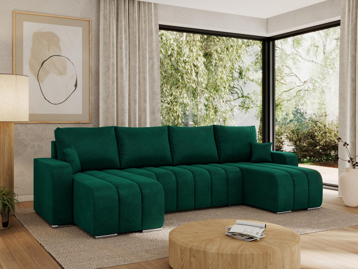 WOHNLANDSCHAFT KIRASSO U Dunkelgrün Velvet - Dunkelgrün/Grau, Textil/Metall (320/86/147cm) - MKS