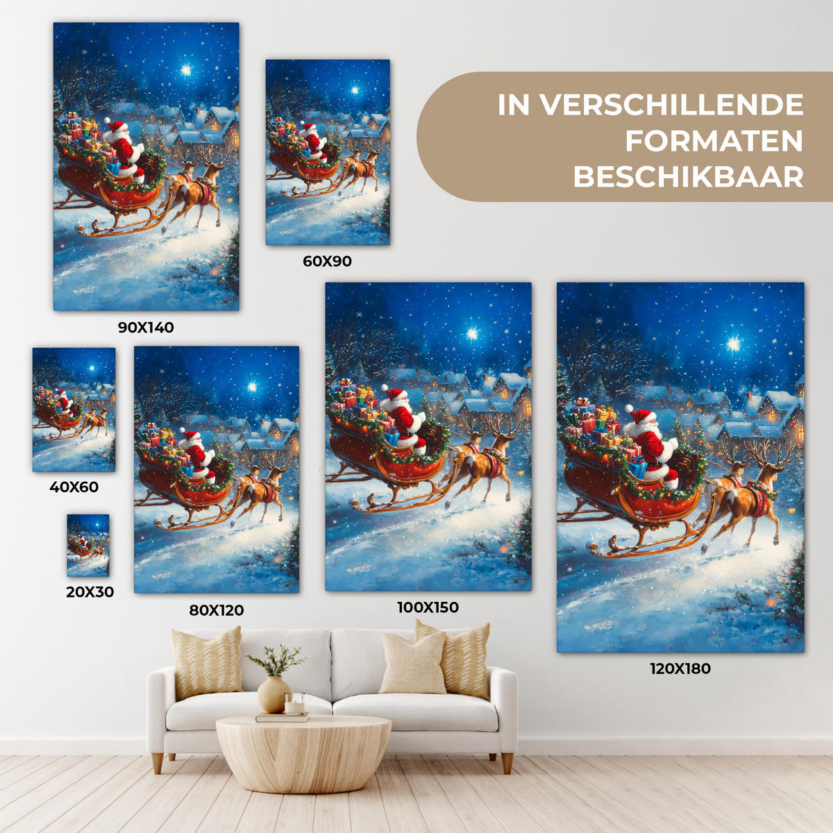 LEINWANDBILD Weihnachtsmann - Rentier - Weihnachten - Schnee Deko XXL 80x120 cm - Cognac, Textil (80/120cm) - MuchoWow