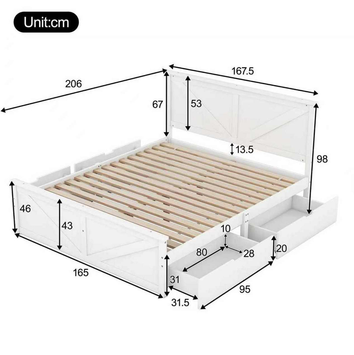 DOPPELBETT aus Kiefernholz und MDF 160x200 cm Weiß mit 4 Schubladen - Weiß, Holz (160/200cm) - IVMEU
