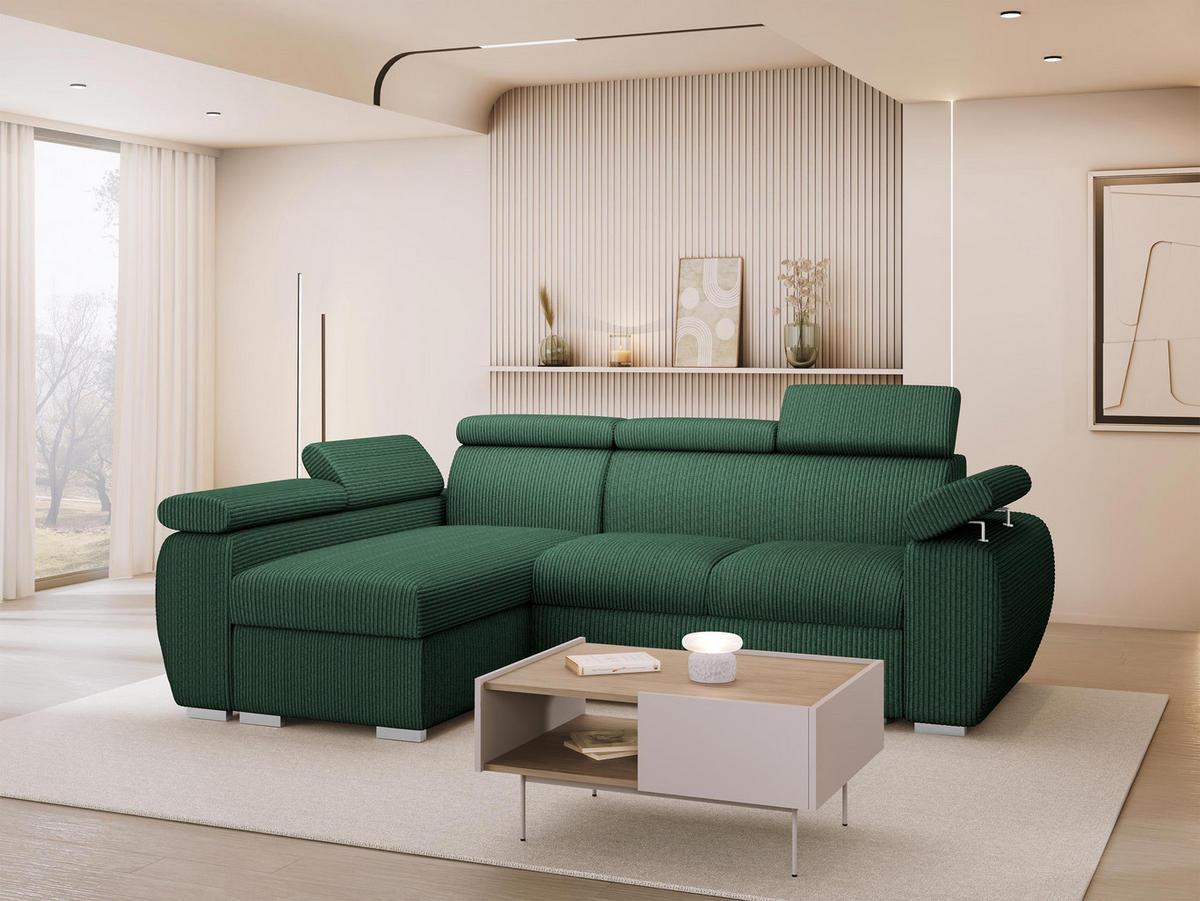 COLTAR Boston Mini Premium Reiat 2RLC, Stanga LC+2R - culoare crom/verde, material textil/lemn (255/170cm) - MIRJAN24