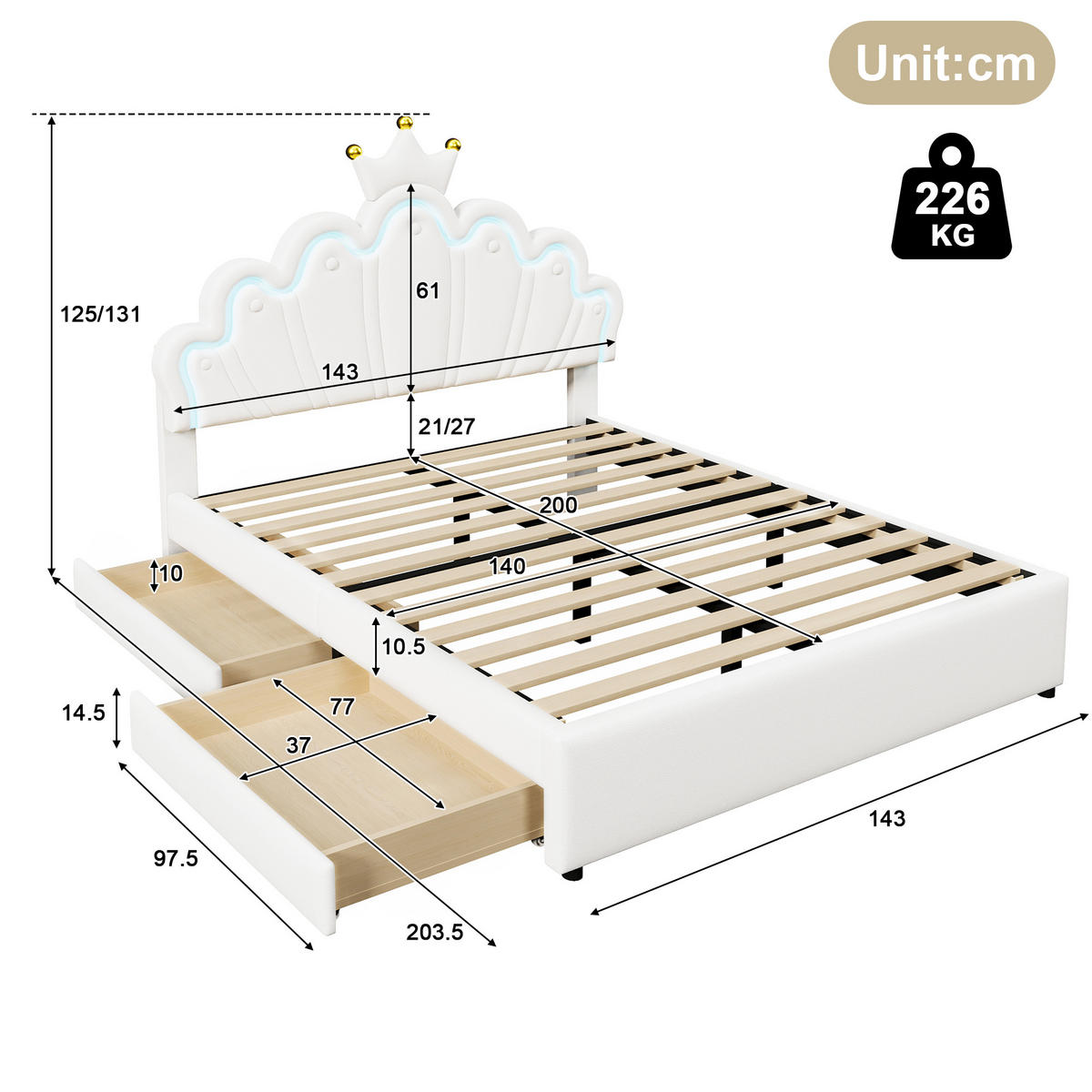 KINDERBETT 140/200 cm Weiß mit Ambientelicht und 2 Schubladen - Weiß, Leder (140/200cm) - OKWISH
