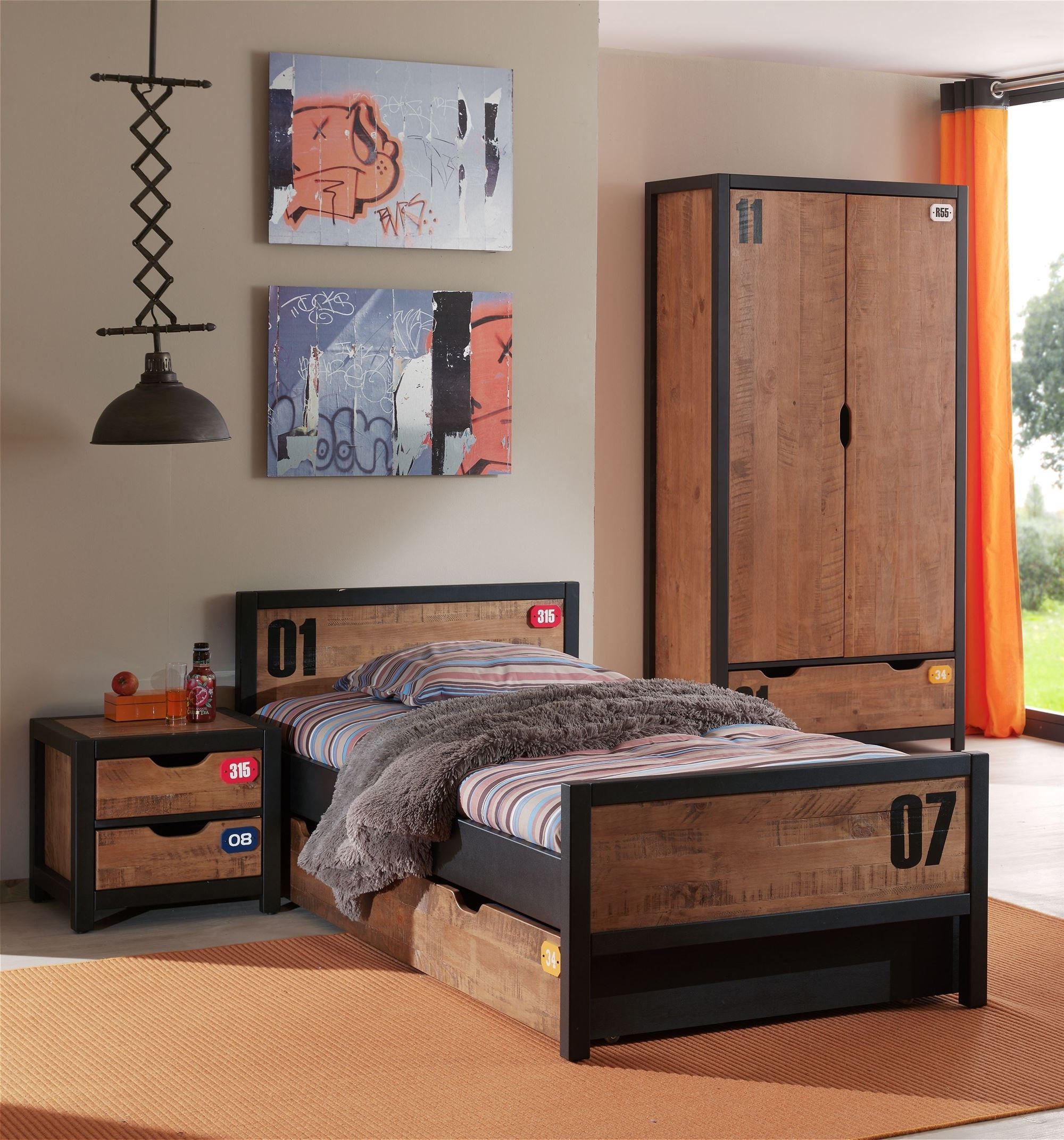 KINDERZIMMER Set komplett Kameko 4 Massivholz+MDF Schwarz/Cognac - Cognac/Schwarz, Holz (240/75/140cm) - 58aufmkessel