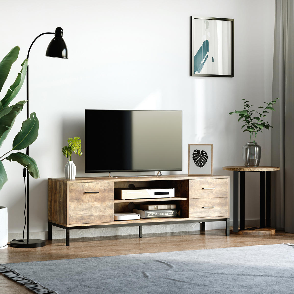 TV-BANK Braun/Schwarz 132/39/45,5 cm, 2 Schubladen, 1 Tür, Metallgestell - Braun, Holzwerkstoff (132/45.5/39cm) - PANGIVO