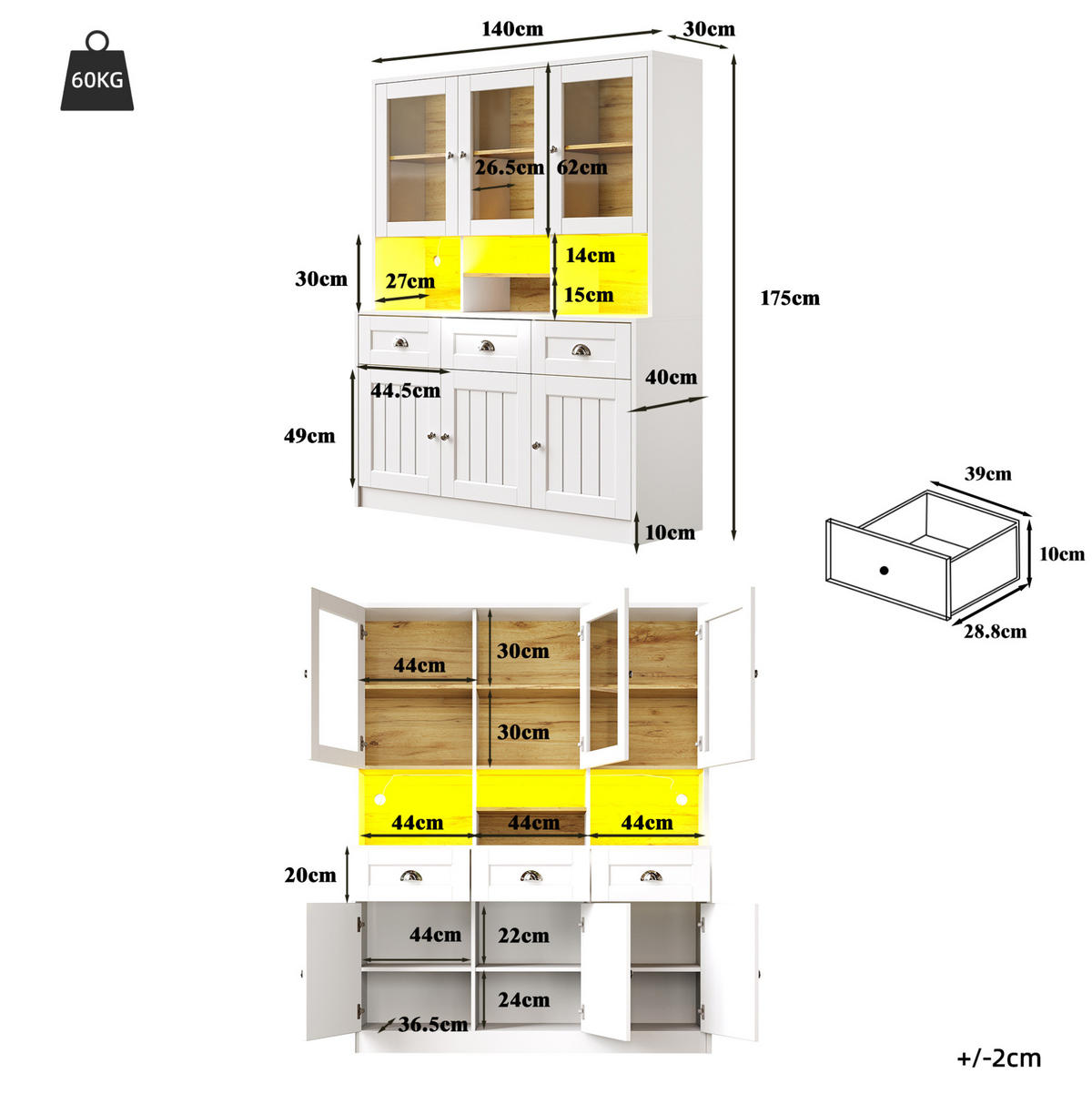 BUFFET 140/40/175 cm aus MDF mit LED-Beleuchtung Weiß - Weiß, Holzwerkstoff (140/175/40cm) - Modenvie